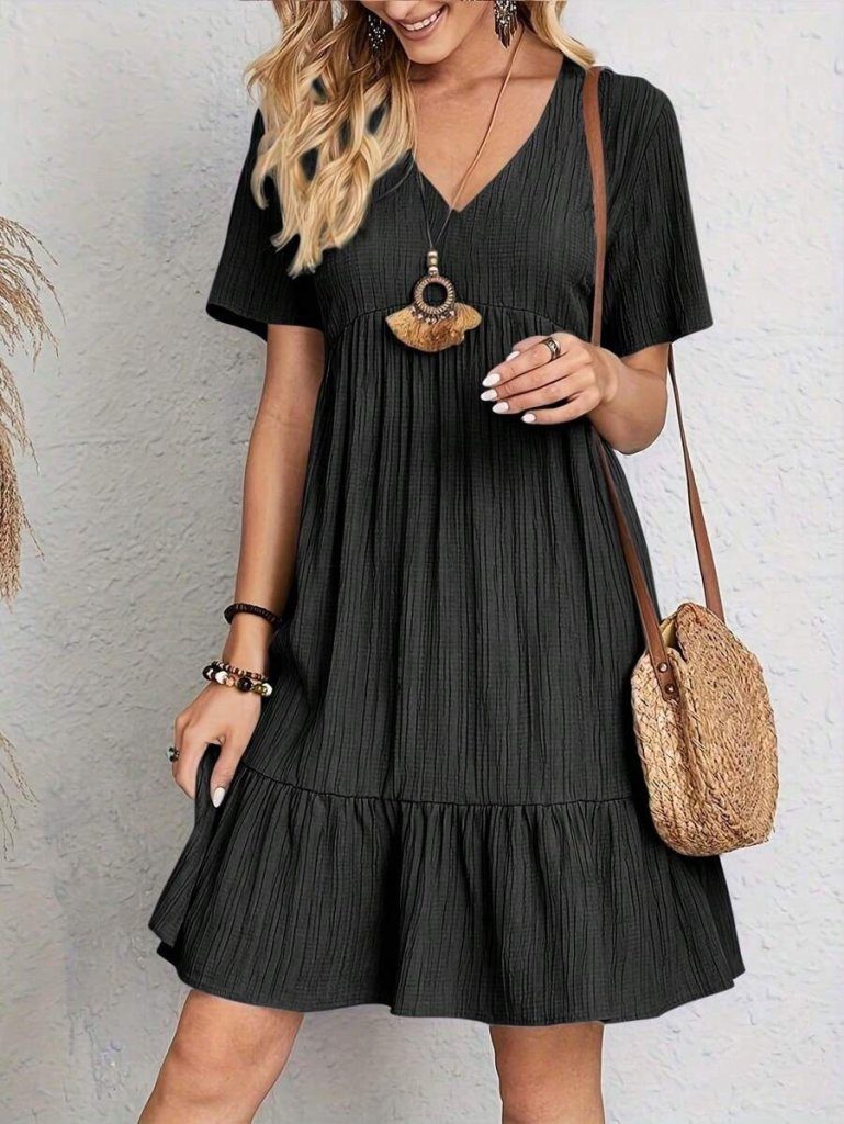 Moda Yakamoz Midikleid JANE'S Damen Kurzarm V-Ausschnitt Rüschen Crepe Kleid