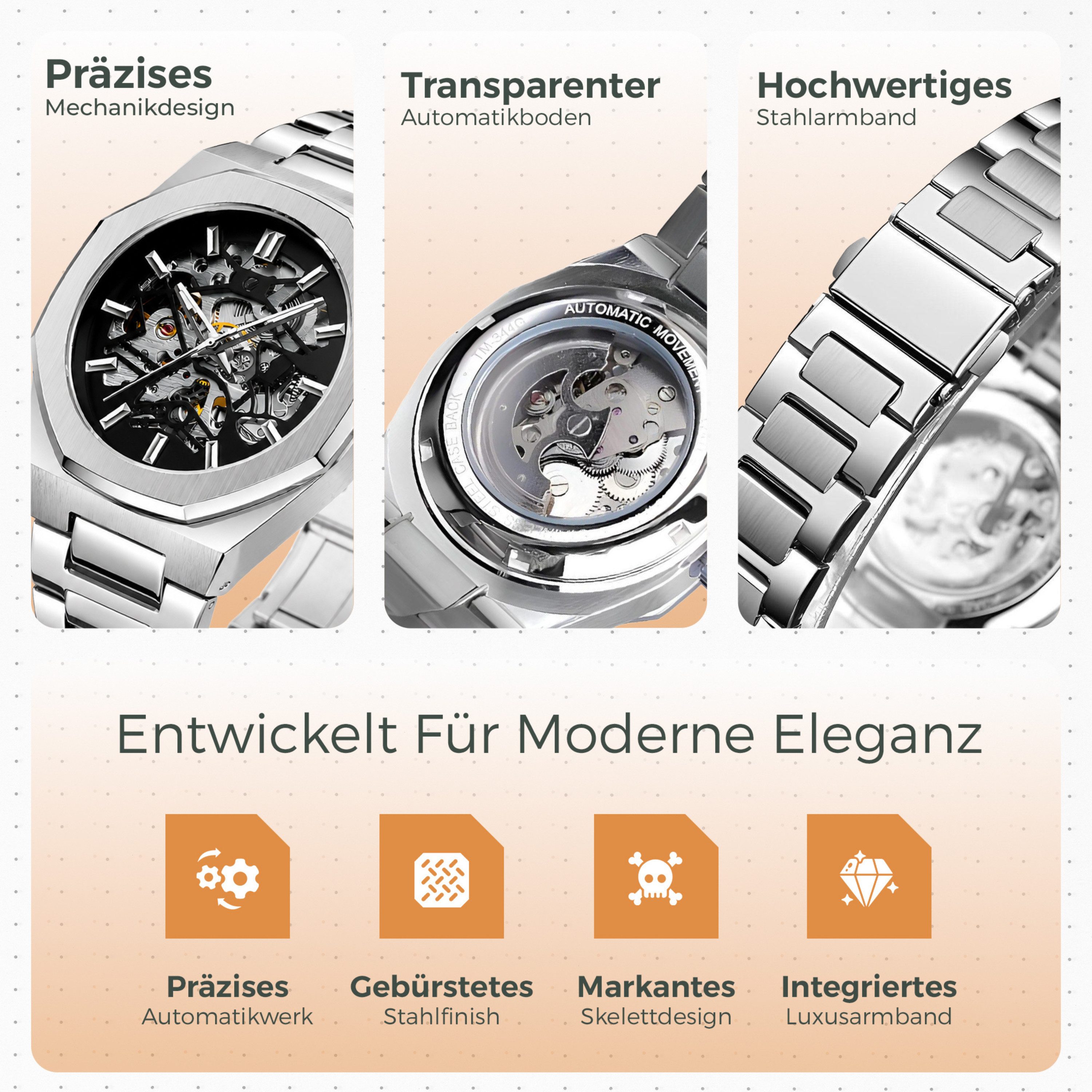 S&T Design Automatikuhr Mechanische Uhr Skelett Edelstahl, (inkl. Uhrenetui, und Armbandkürzer), Automatik Armbanduhr für Herren, Achteckig, Wasserdicht, Transparent