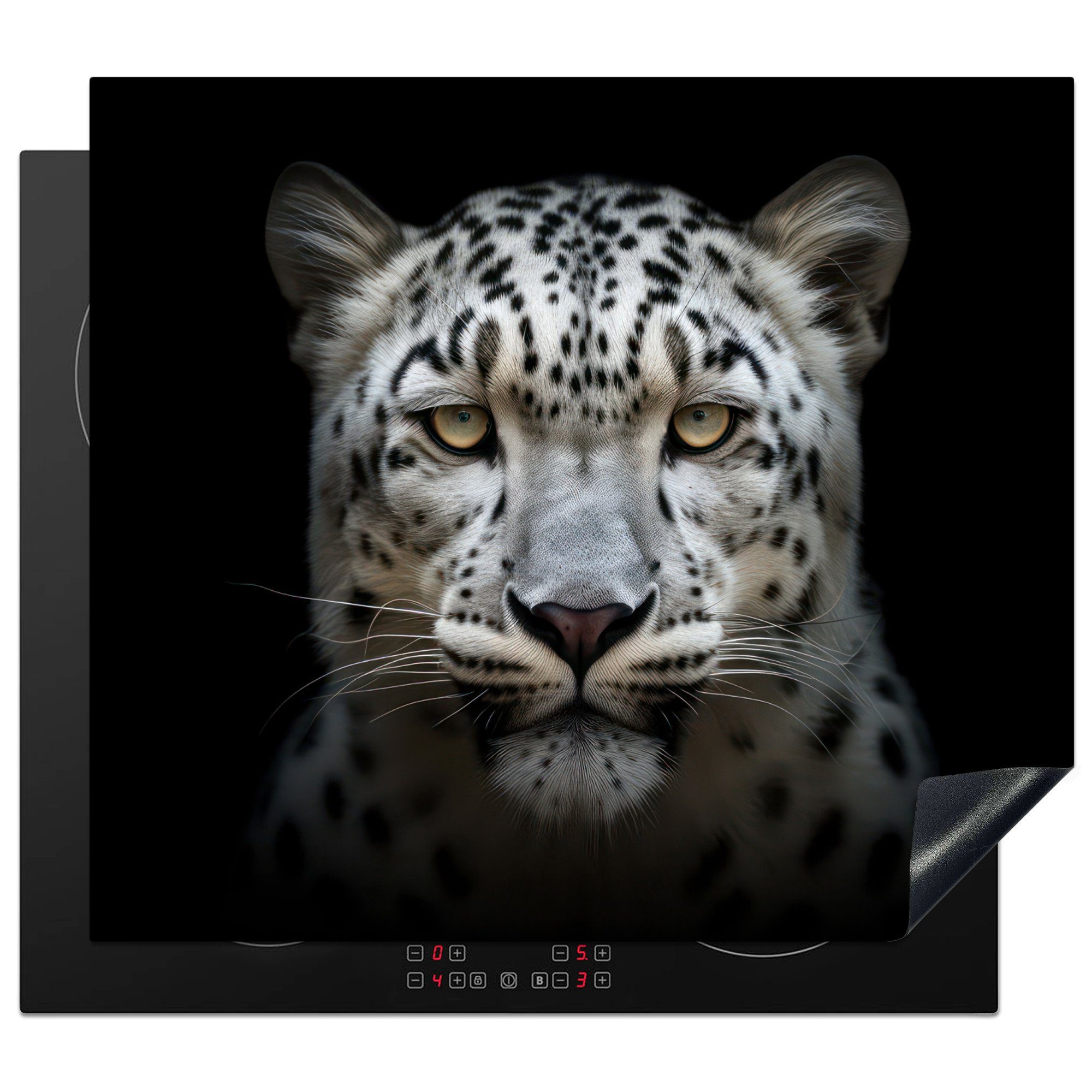 MuchoWow Herdblende-/Abdeckplatte Wildtiere - Leopard - Porträt - Schwarz, Vinyl, (1 tlg), 60x52 cm, Mobile Arbeitsfläche nutzbar, Ceranfeldabdeckung