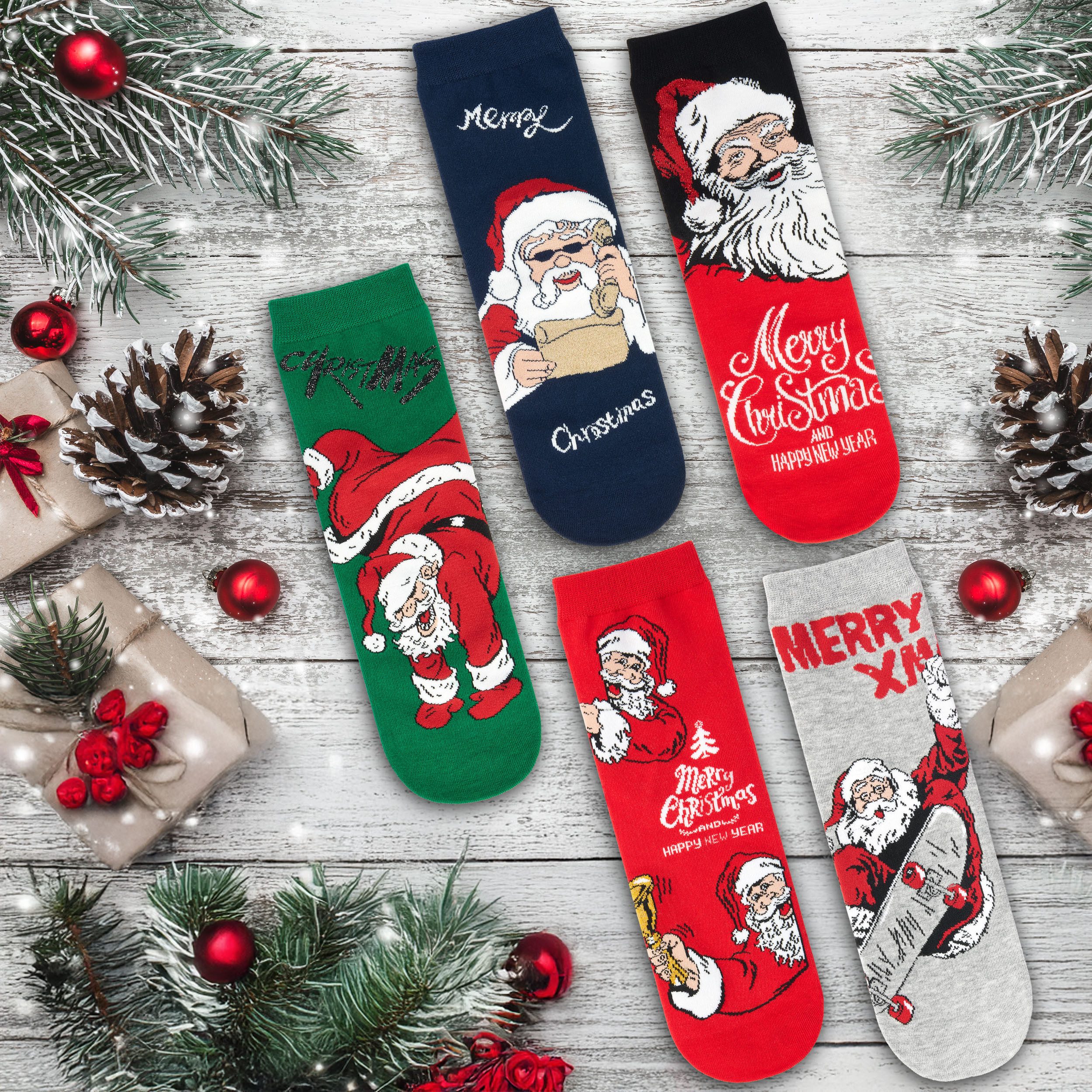 BRUBAKER Socken Herren Weihnachtssocken - Weihnachtsmann Skateboarder & Breakdancer (Geschenkset mit spaßigen Santa Sockenmotiven, 5-Paar, Bunte Baumwollsocken für Männer) Humorvolle Herrensocken für Weihnachten & Nikolaus