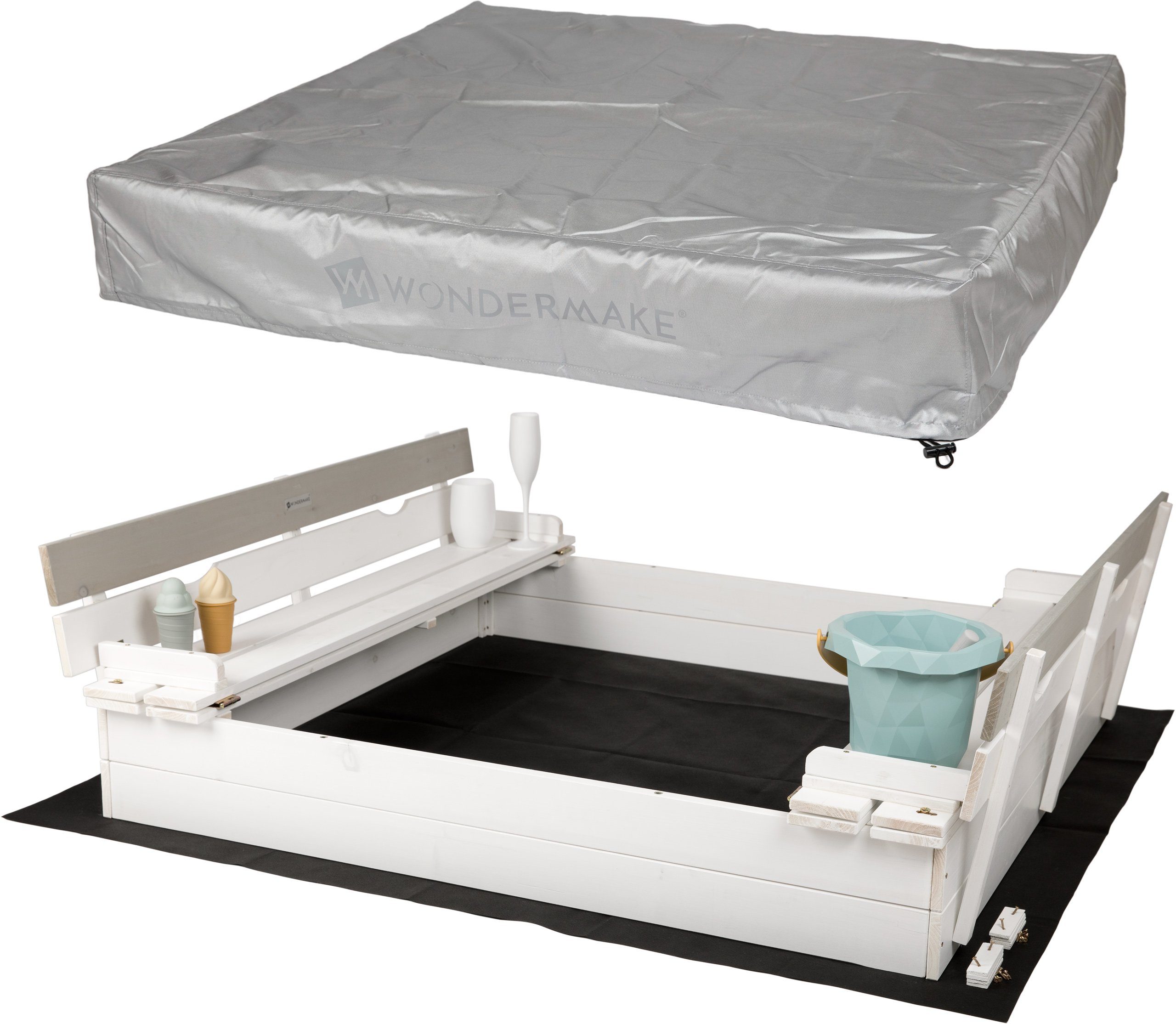 WONDERMAKE Sandkasten mit Abdeckung Deckel Sitzbank Boden Sandkiste Holz mi günstig online kaufen