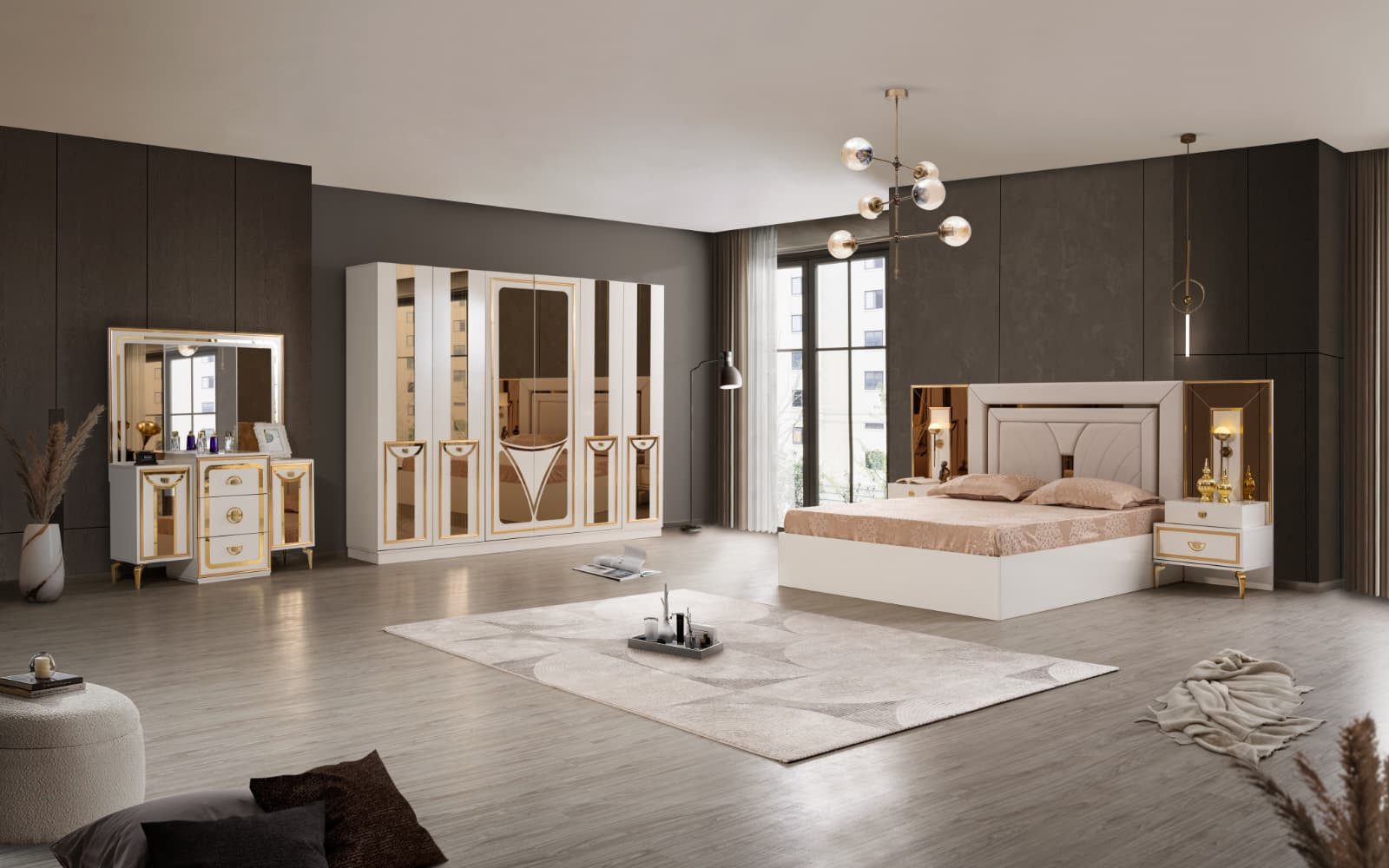JulietHome Schlafzimmer-Set Piramit, (Set, Kleiderschrank, Boxspringbett mit Nachttischen, Kommode mit Spiegel), Integrierte Bettlampen
