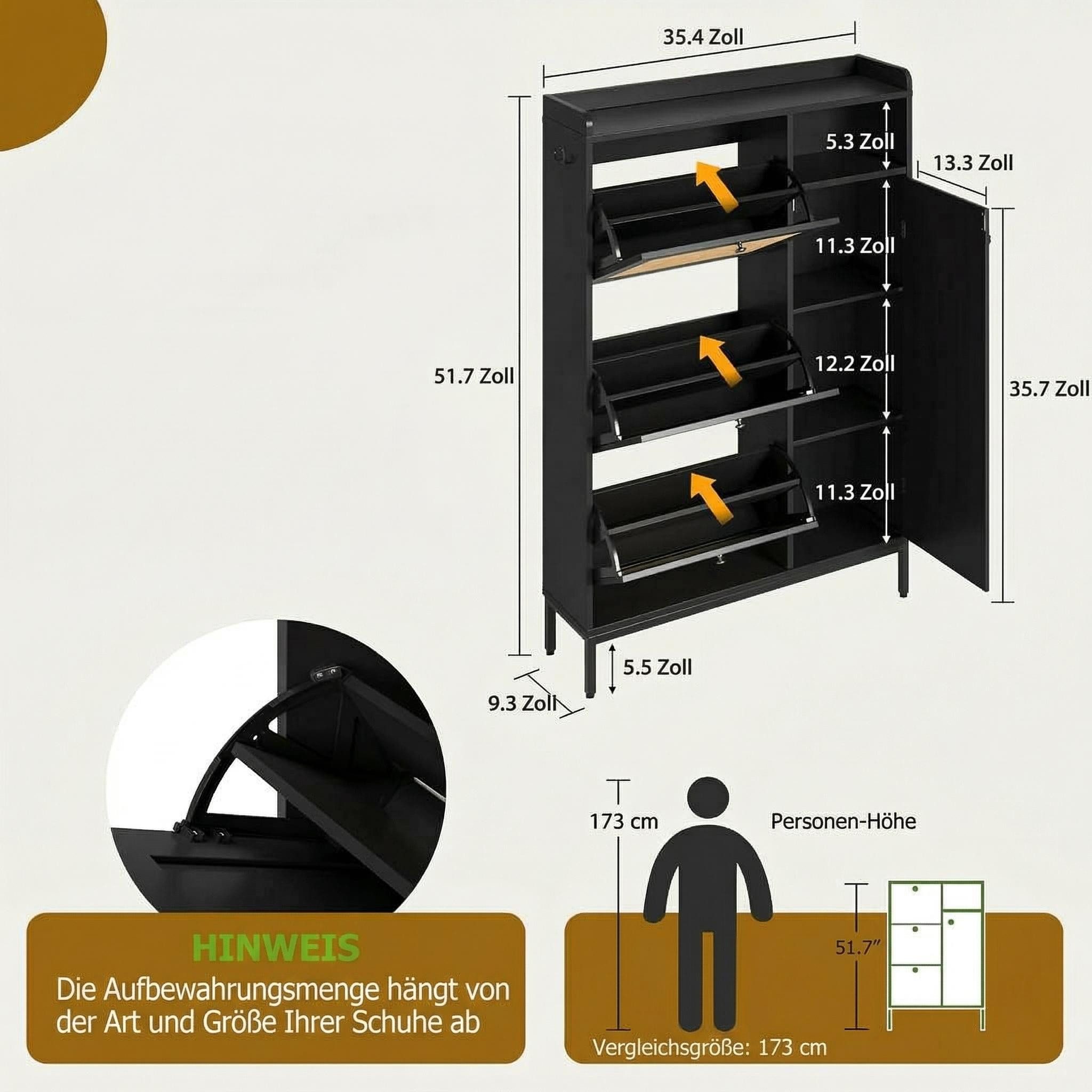 GarveeMore Schuhschrank aus Rattan mit 3 Klappschubladen und 4-stufiger Schuhschrank Schuhschrank mit verstellbaren Regalen für Eingang,Flur,Wohnzimmer – Bild 2 von 5