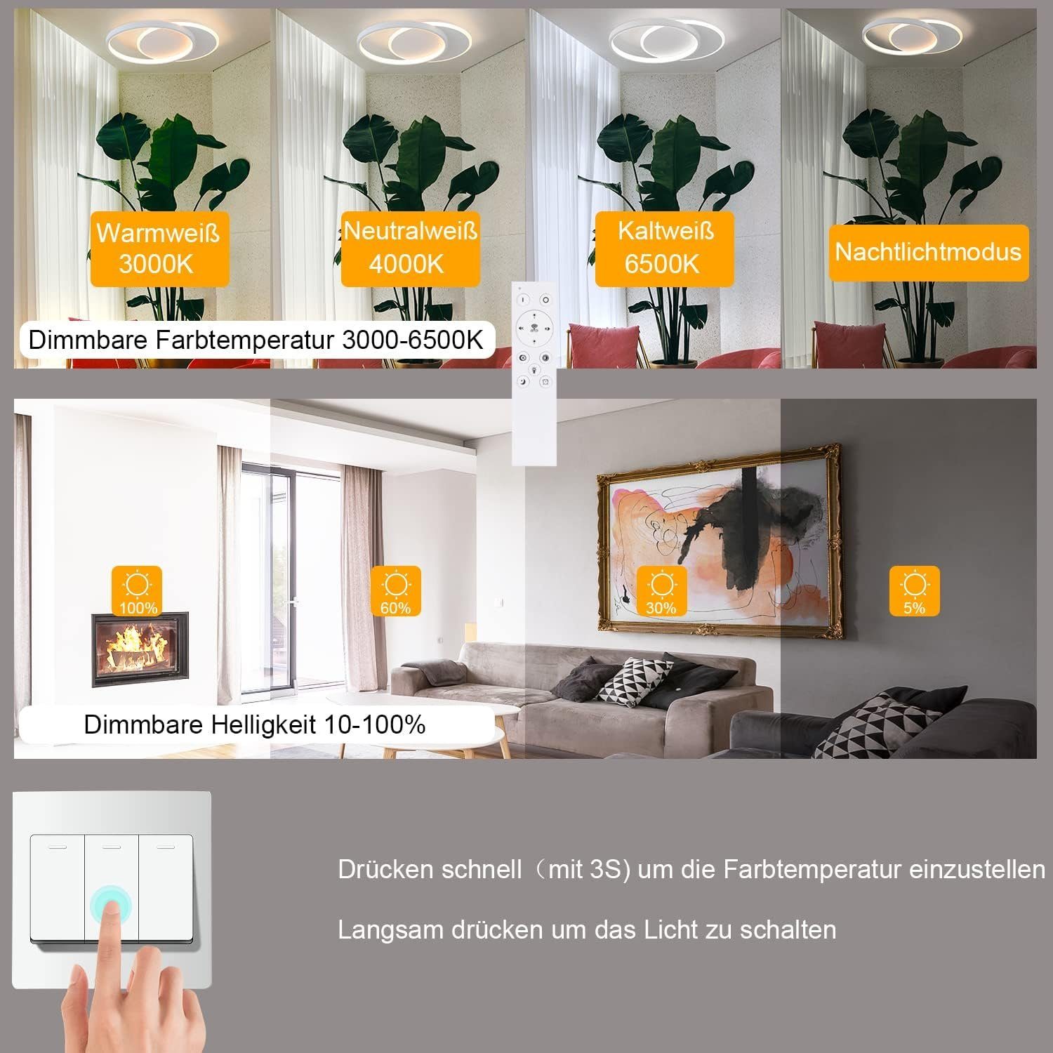 Nettlife LED Deckenleuchte LED Deckenleuchte schwarz mit 2 Ring Dimmbar, Di günstig online kaufen