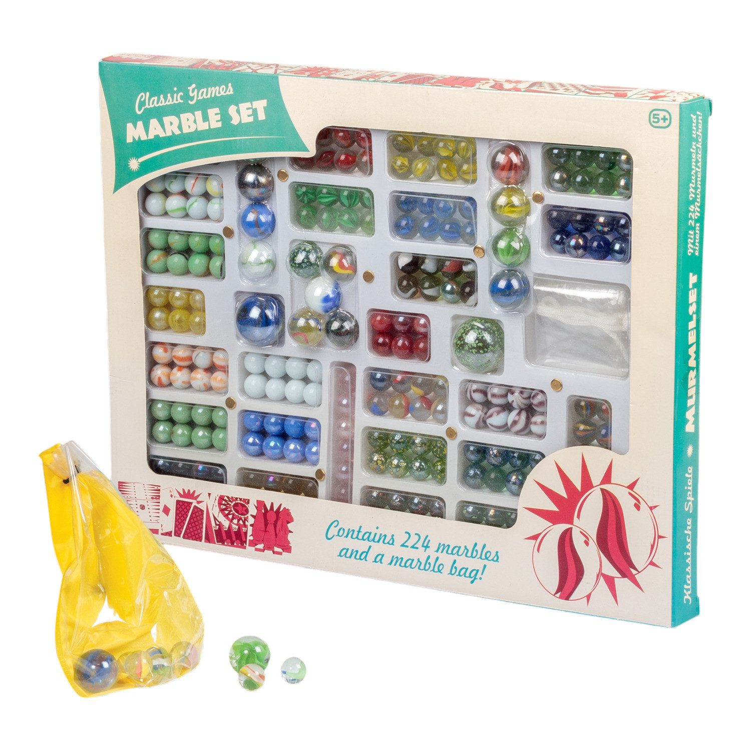 TOBAR Spiel Glasmurmeln in Geschenkverpackung mit 224 Murmeln und einem Murmelsack