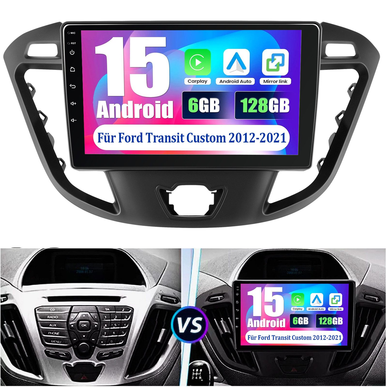 ESSGOO 6+128G DAB Android15 Autoradio für Ford Transit Tourneo Custom CarPlay Autoradio (DAB+ (optional), AM, FM, RDS, 6GB+128GB, 4G LTE, Carplay Android Auto Bluetooth EQ USB GPS Navi WIFI Touchscreen)
