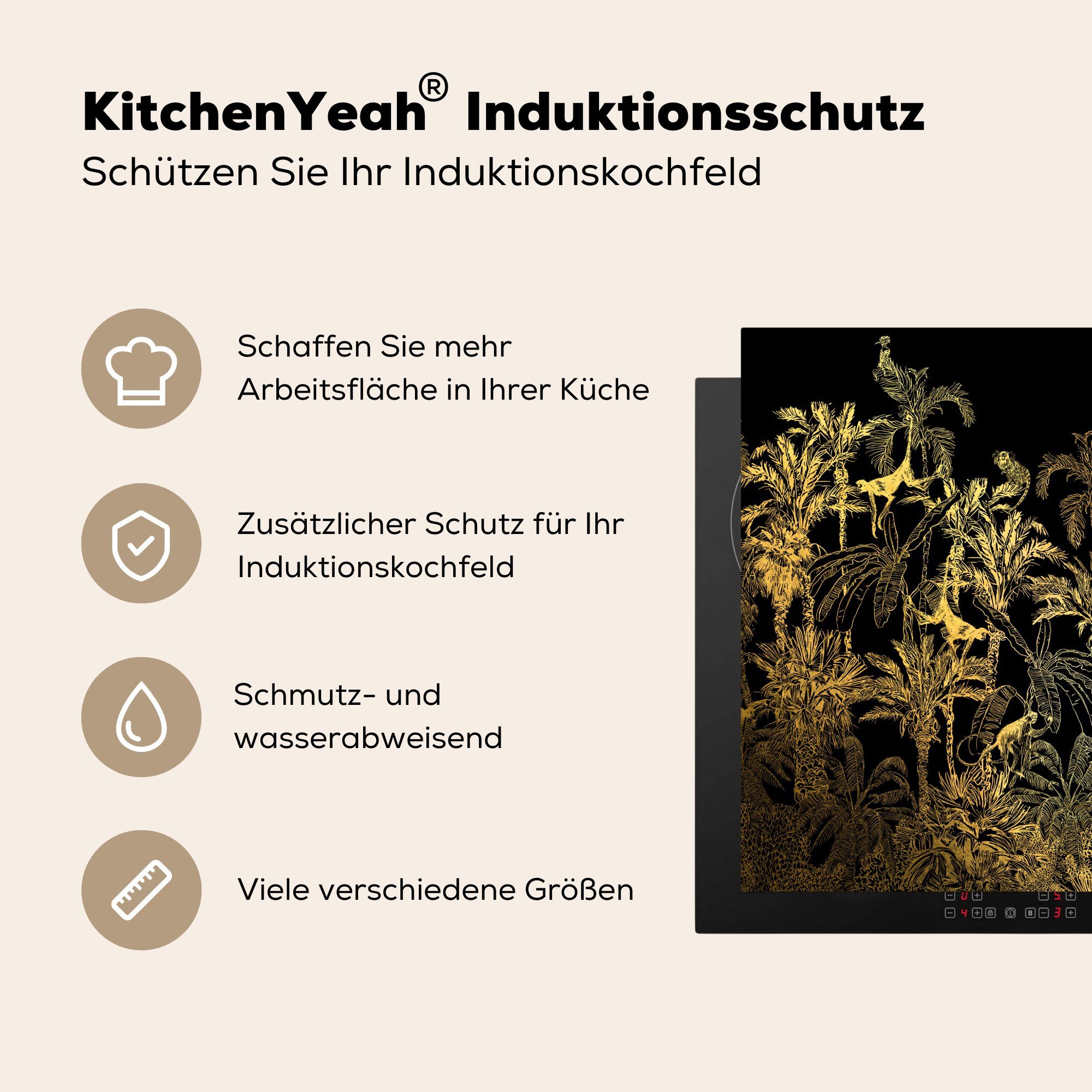 - 78x78 cm, Arbeitsplatte Schwarz, (1 MuchoWow für tlg), Herdblende-/Abdeckplatte Vinyl, Gold - Dschungel küche Ceranfeldabdeckung,
