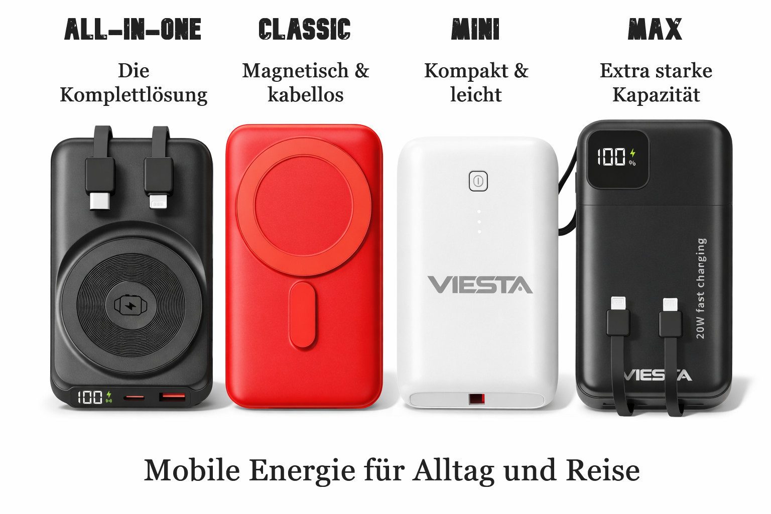 VIESTA PD20W QC22,5W USB-C Wireless Magnet 9000/10.000/20.000 mAh je Variante Powerbank, Praktische Mini/Classic/All-in-One/Max für flexibles Laden unterwegs