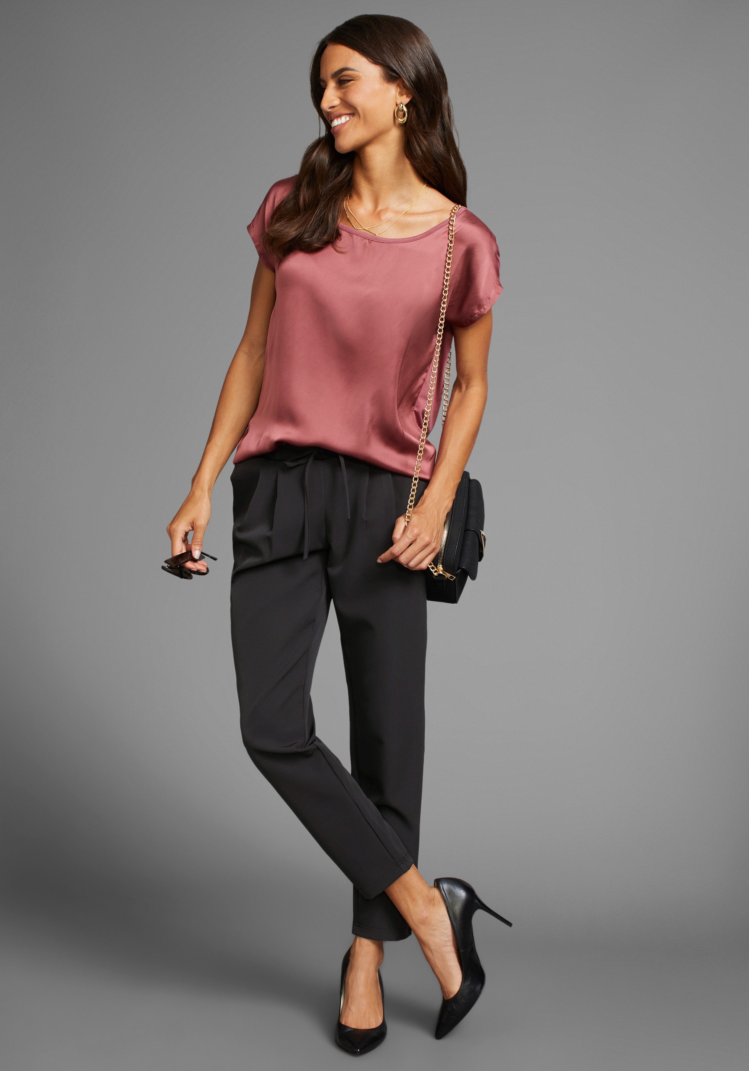 Laura Scott Shirtbluse Oversize, Kurzarm, hüftlange Schnittform, Rundhalsau günstig online kaufen