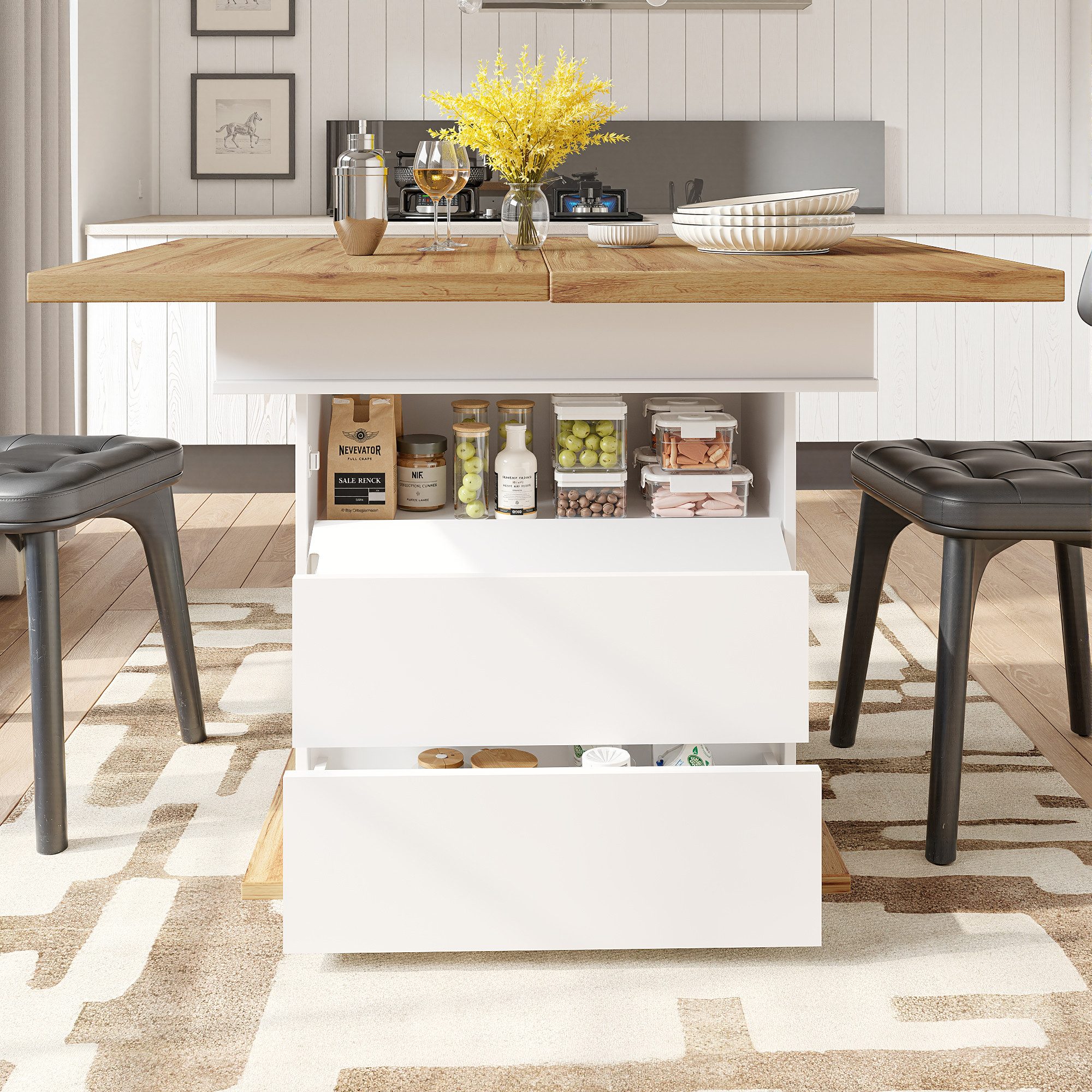 OKWISH Esstisch Multifunktionaler Ausziehtisch (Ausziehbarer Teleskoptisch 110-140 cm mit Soft-Close-Tür und Stauraum – Flexibler, platzsparender Esstisch für Küche & Wohnzimmer, 1-St)