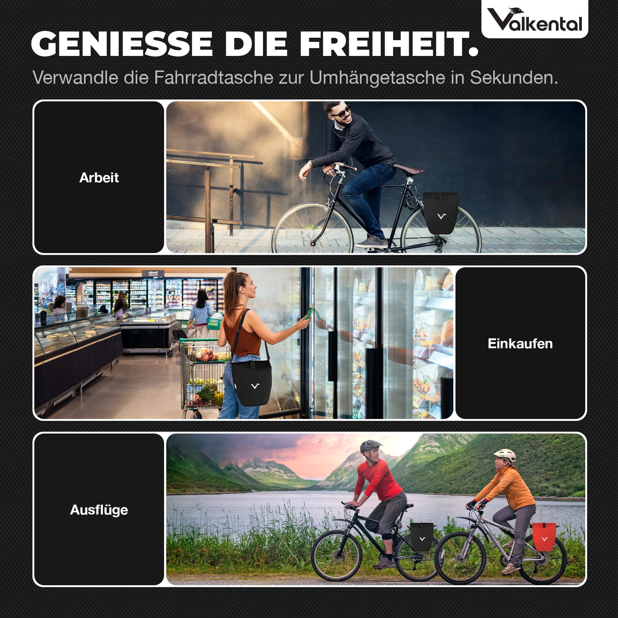 Valkental Fahrradtasche Gepäckträger wasserdicht & abschließbar, Gepäckträgertasche Fahrrad mit Großen Reflektoren 20L, 28L, 32L