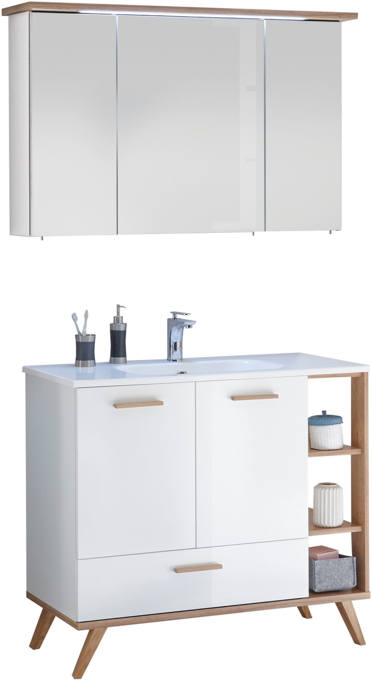 Saphir Badmöbel-Set Quickset Mineralmarmor-Waschtisch mit LED-Spiegelschran günstig online kaufen