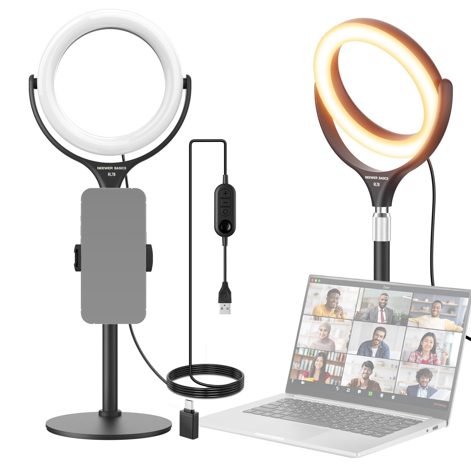 Neewer Ringlicht RL7B 7" Tisch Ringlicht mit Ständer/Handyhalterung, 10W zweifarbiges, LED Selfie Licht für iPhone Laptop Webcam Videokonferenzen Make up