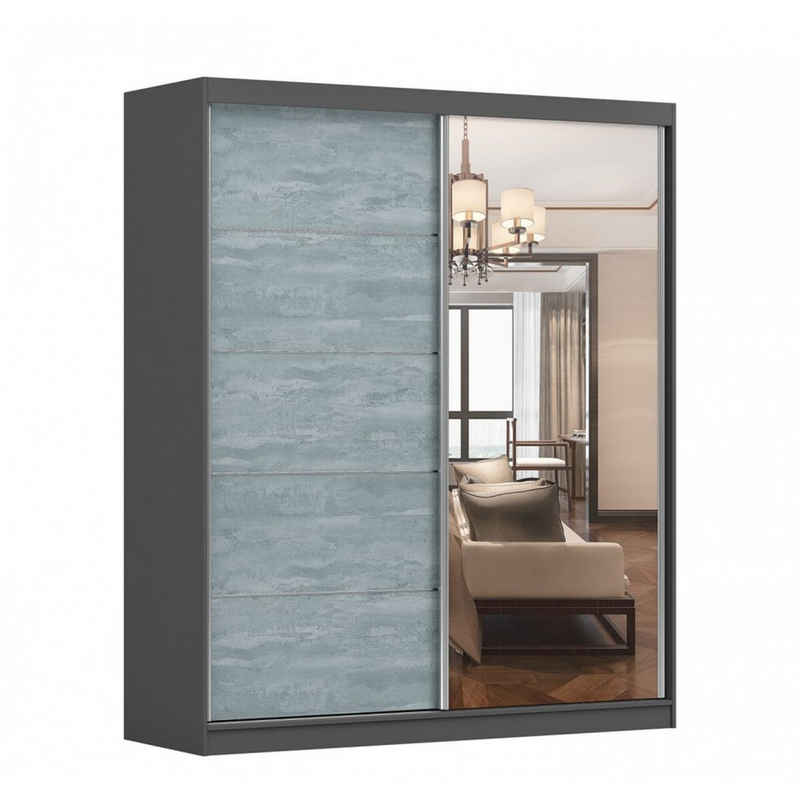 MOEBLO Kleiderschrank Beton (Beton-Optik Fronten mit Spiegel, Schwebetürenschrank 2-türig Schrank Garderobe Schiebtüren Schlafzimmer) (BxHxT):183x218x61cm
