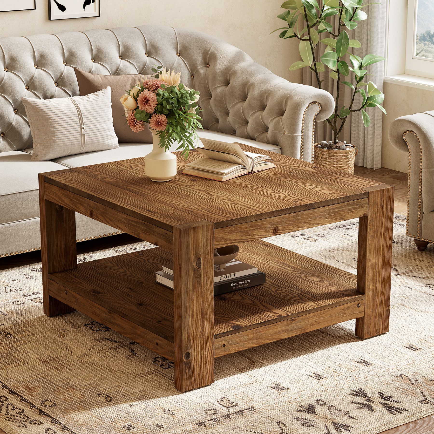Tribesigns Couchtisch Quadratischer Couchtisch aus Massivholz 80 cm, 2-stufiger