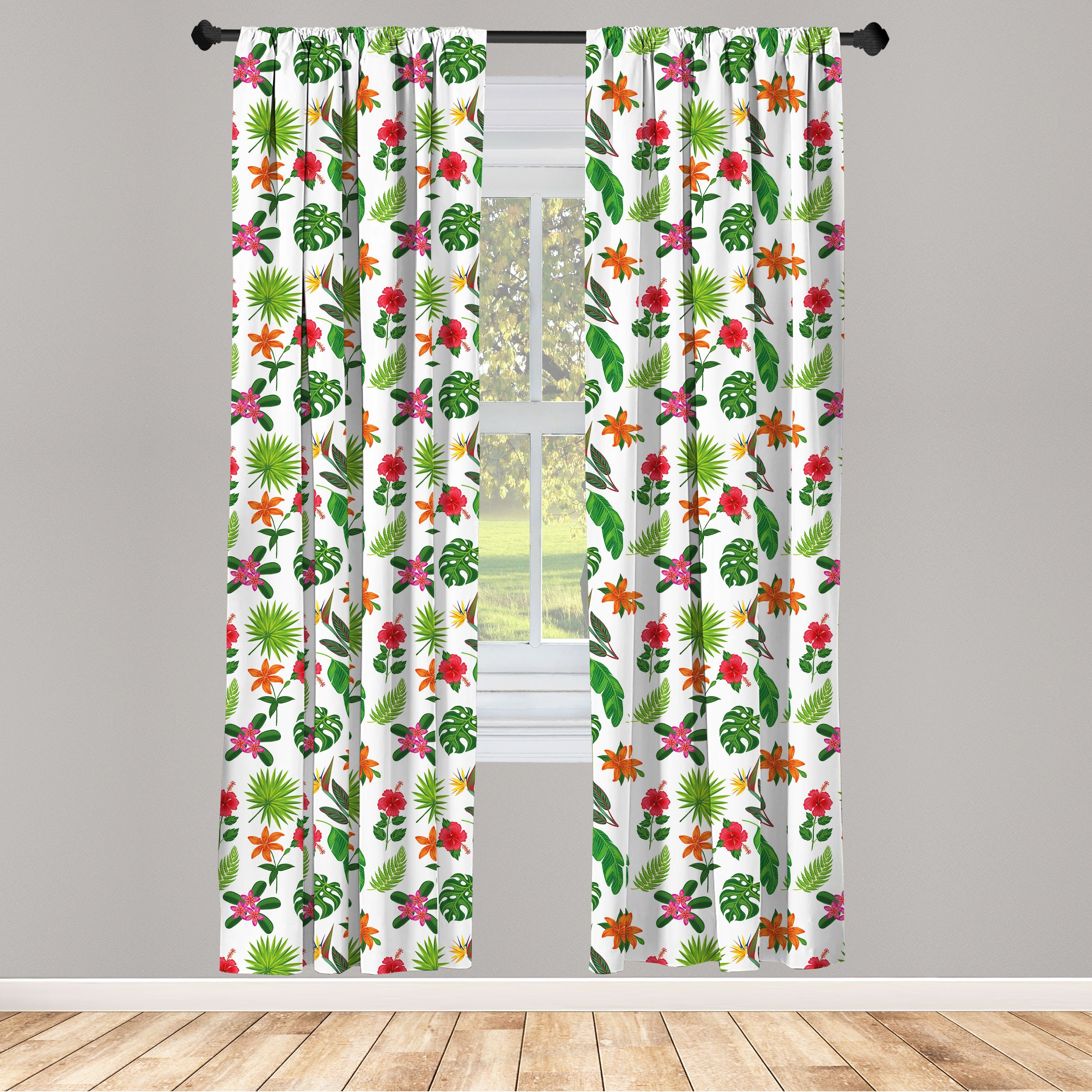 Gardine Vorhang für Wohnzimmer Schlafzimmer Dekor, Abakuhaus, Microfaser, Jungle Leaves Töne von Grün-Blumen | Fertiggardinen