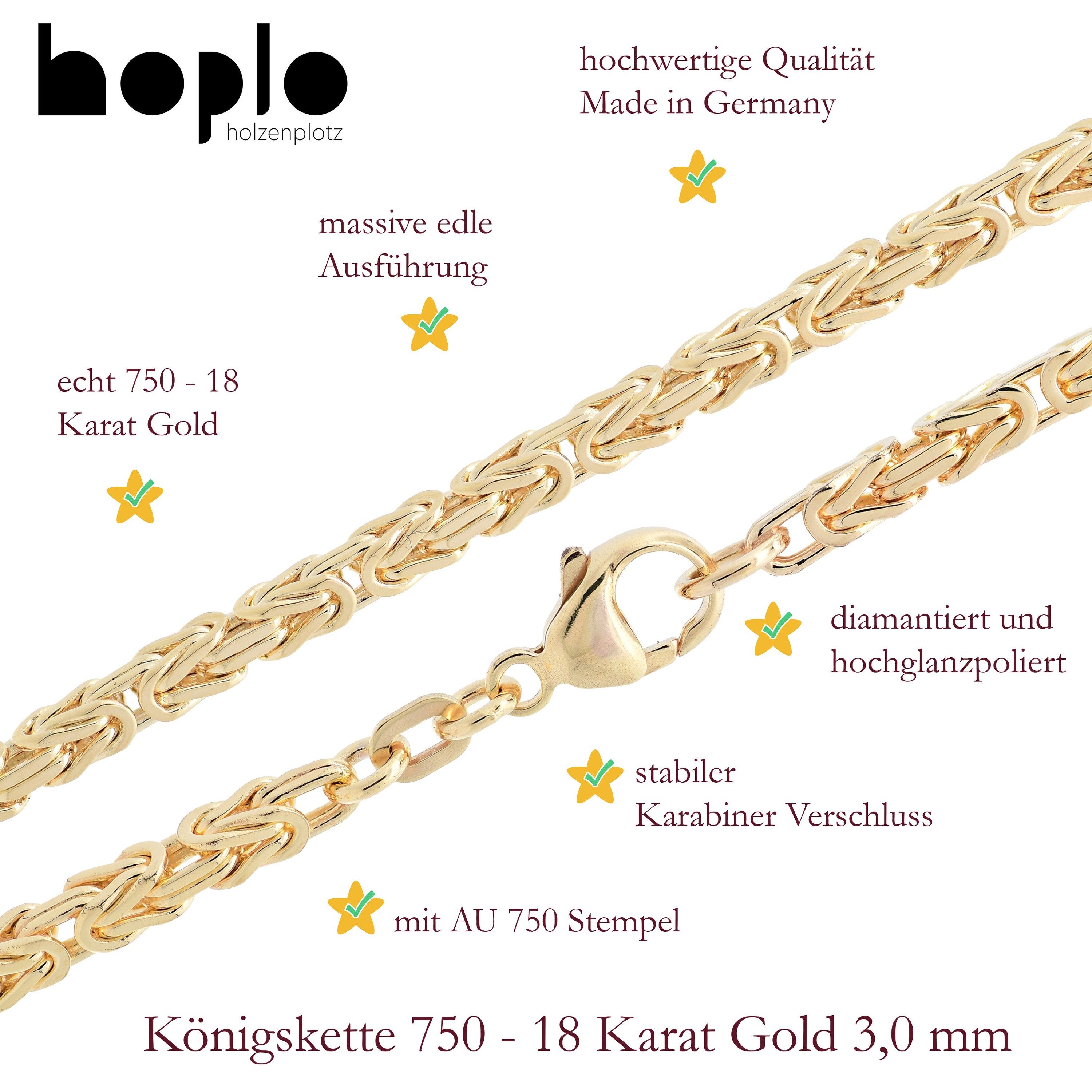HOPLO Königskette Goldkette Königskette Halskette Breite 3,0 mm 60 cm 750- 18 Karat Gold, Made in Germany