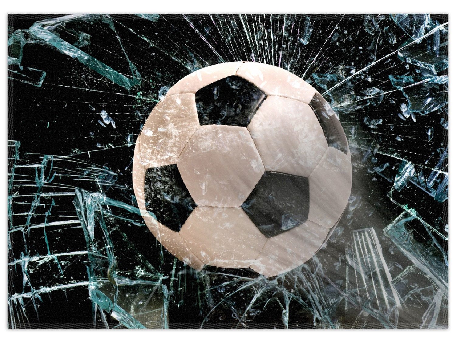 Wallario Teppich Fußball - im Fenster, Splitter und Glas, rechteckig, rutschfest