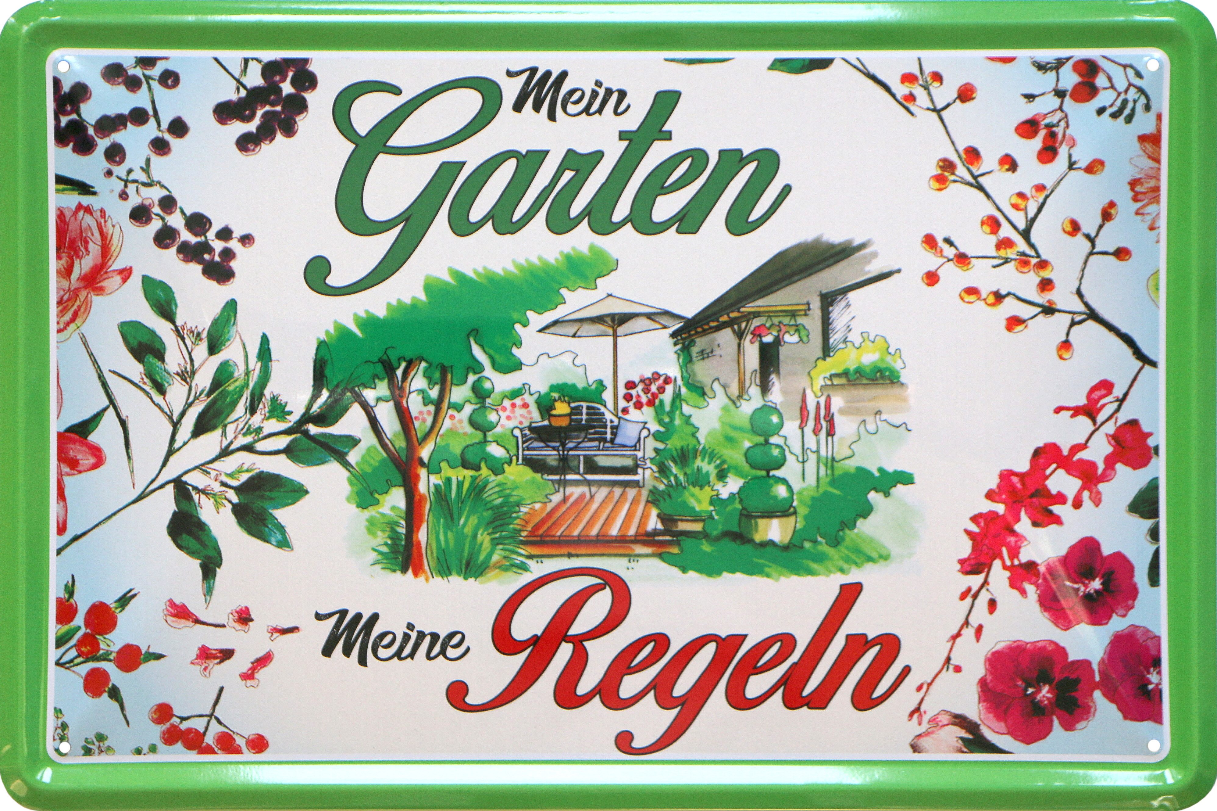 WOGEKA ART Metallbild Mein Garten - Meine Regeln - 20 x 30 cm Retro Blechschild Zuhause, Metallschild Wanddeko Spruch Schild Wandbild Gärtner Blumen