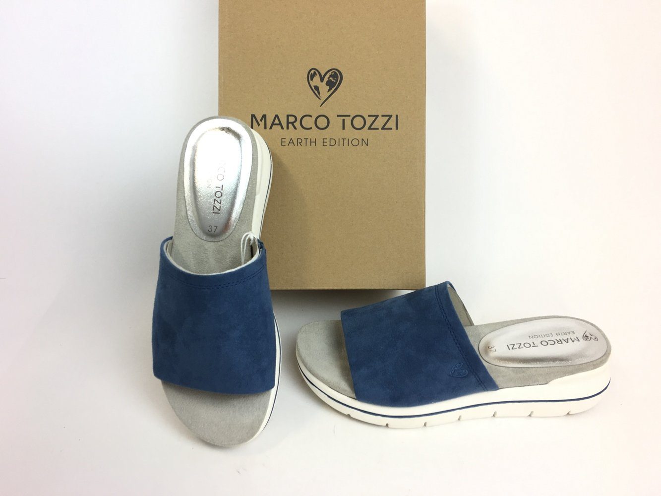 MARCO TOZZI Marco Tozzi Damen Pantolette jeansblau mit dicker weißer Laufsohle Pantolette