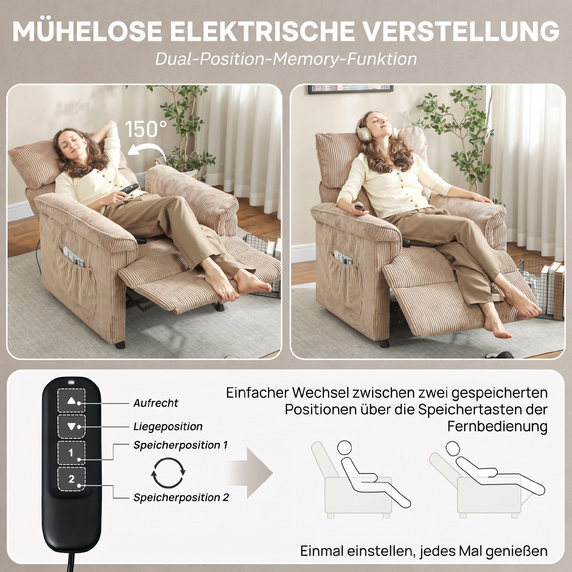 HOMCOM Massagesessel mit Fußstütze, Seitentaschen (Elektrisch Relaxsessel, 1-St., Fernsehsessel), Mit 8-Punkt-Massage und Heizfunktion, Braun – Bild 5 von 5