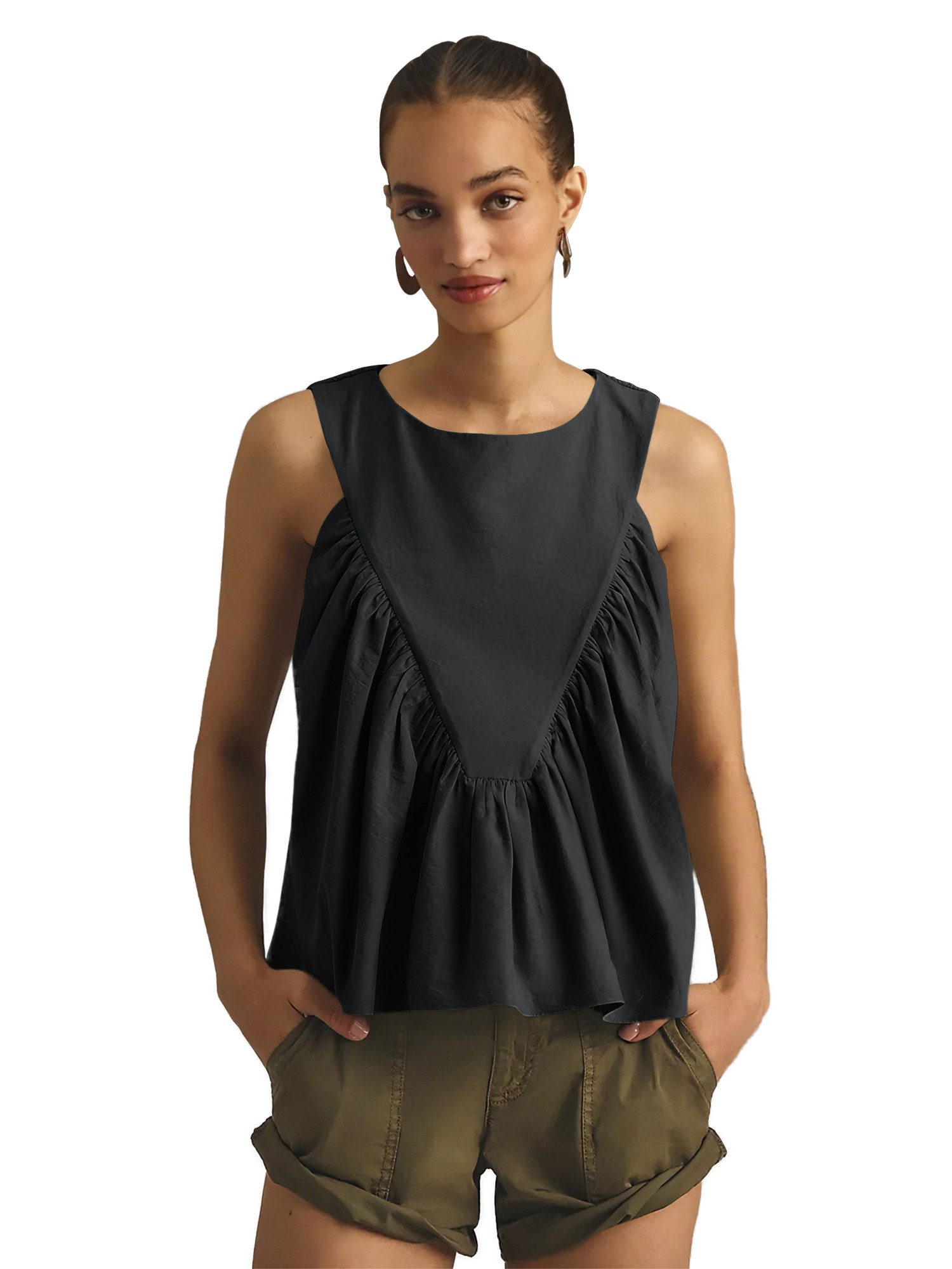 Imily Bela Tanktop Damen ärmelloses Oberteil mit Rundhals V-Form-Design Falten Casual Top (Packung, 1-tlg., 1per-Pack) mit Rüschen in Unifarbe