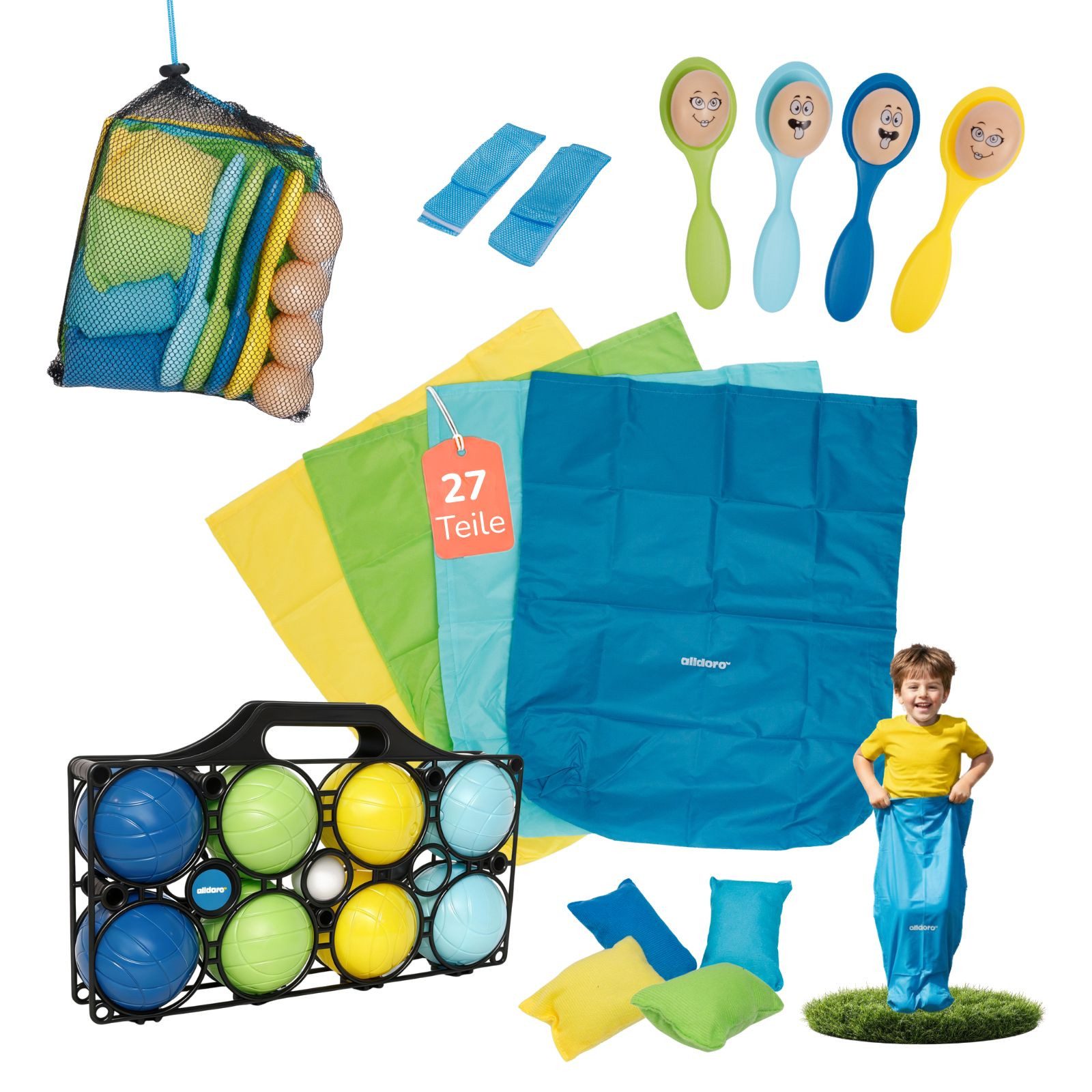 alldoro Spiel XL Outdoorspiele Set mit Boccia für Kindergeburtstag, Party & Familie, 5 in 1 - Boules, Sackhüpfen, Eierlauf, Säckchen werfen & Dreibeinlauf
