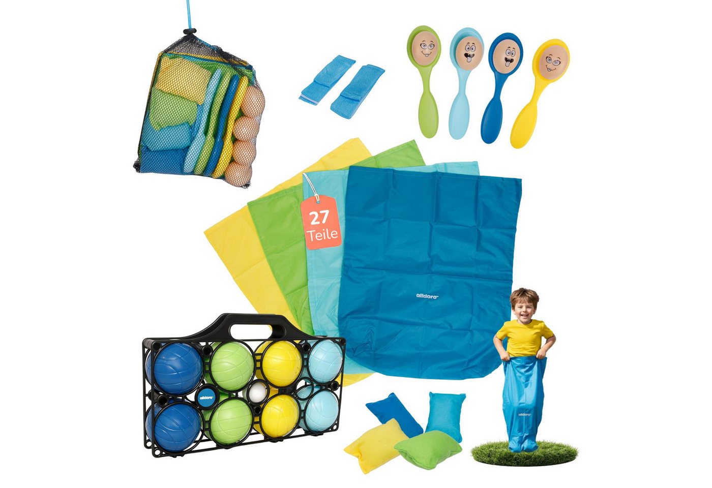 alldoro Spiel XL Outdoorspiele Set mit Boccia für Kindergeburtstag, Party & Familie, 5 in 1 - Boules, Sackhüpfen, Eierlauf, Säckchen werfen & Dreibeinlauf