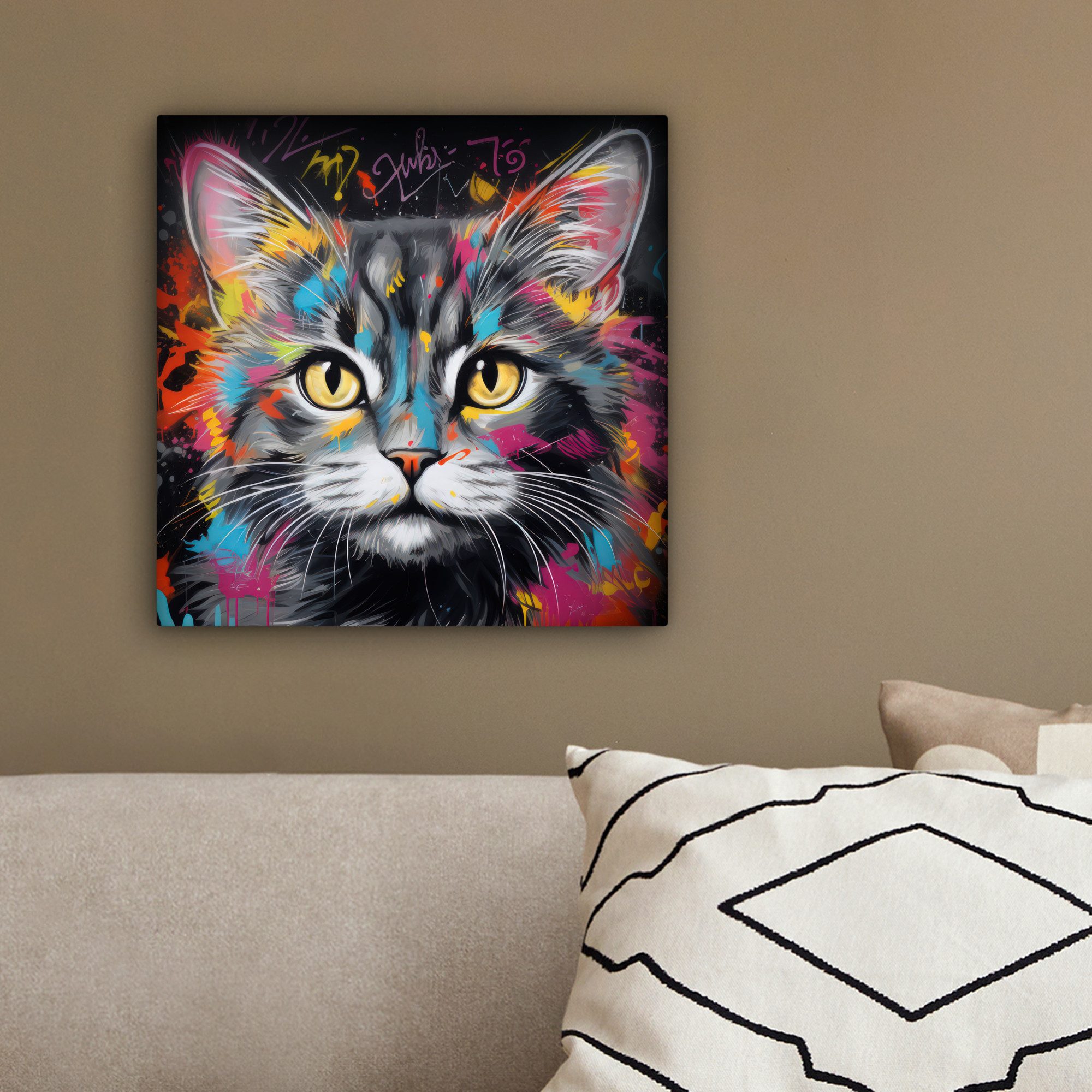OneMillionCanvasses® Leinwandbild Katze - Graffiti - Tiere - Farben - Grau, Fotodruck (1 St), Wandbild, Deko Schlafzimmer Wohnzimmer Flur 20x20 cm – Bild 4 von 5