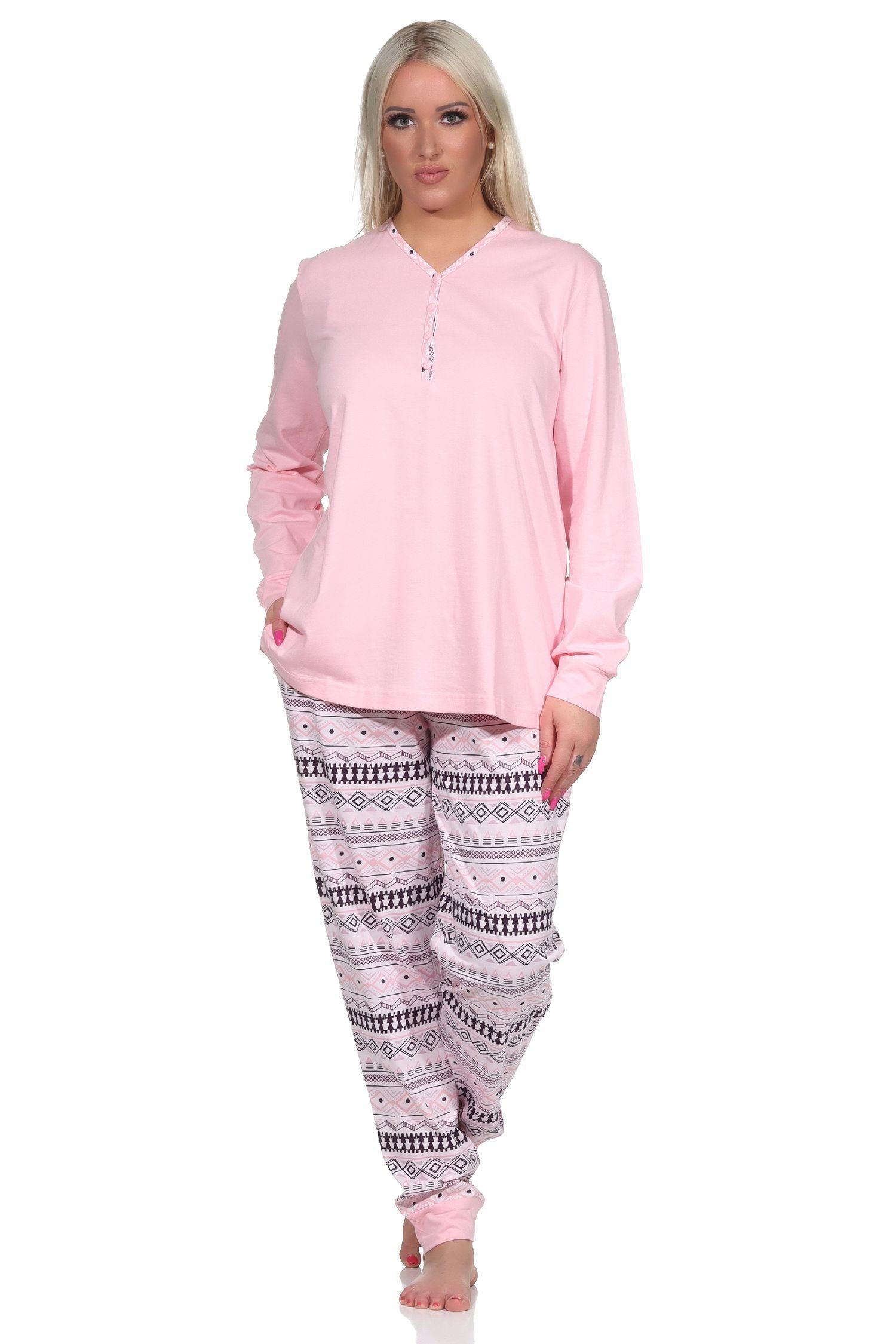 Normann Pyjama Damen Schlafanzug lang mit Bündchen im Ethnolook - auch in Übergröße rosa