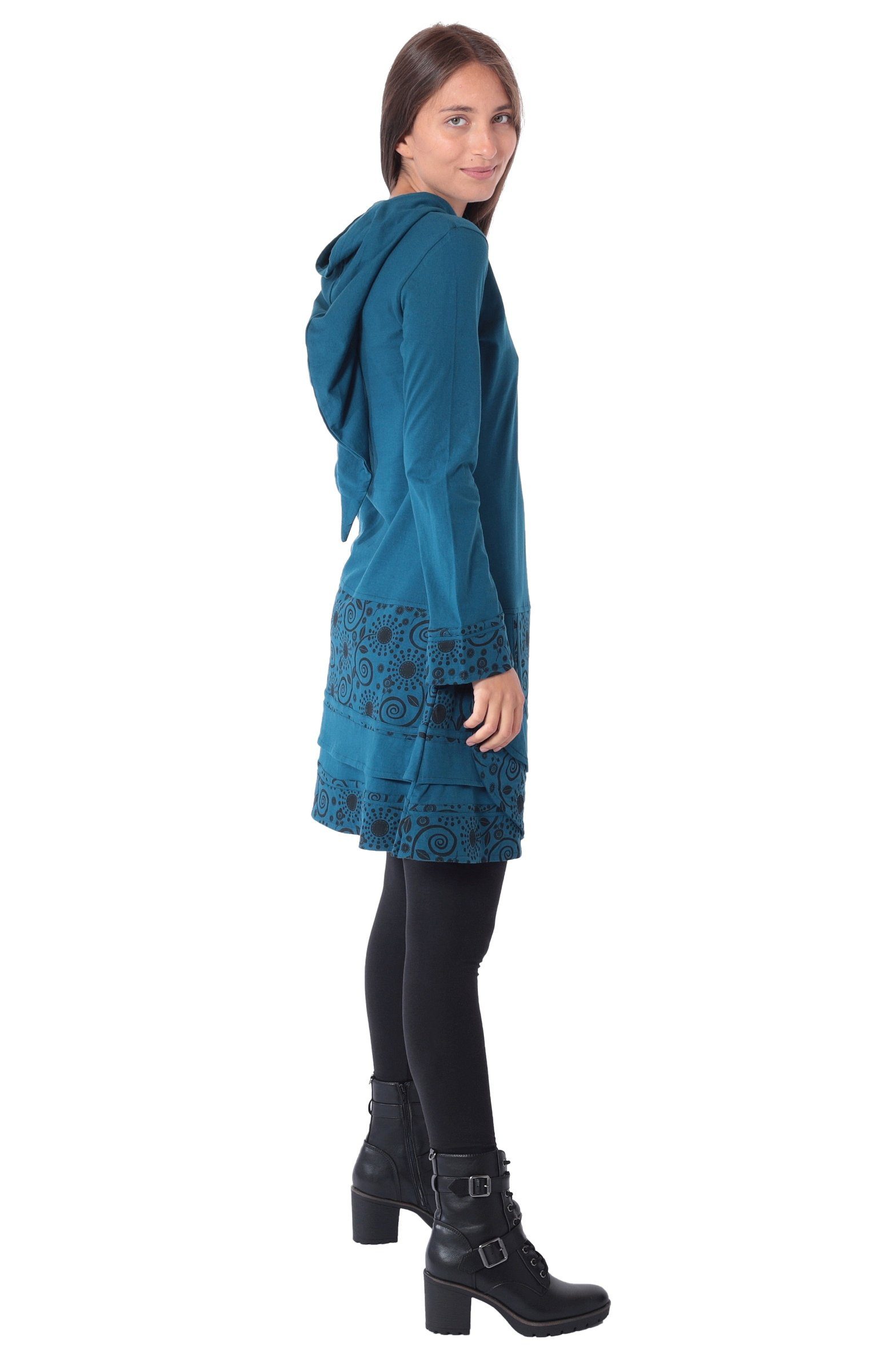 PUREWONDER Sweatkleid Elfenkleid aus Baumwolle mit Zipfelkapuze Nr. 186 Blau L im Patchwork-Stil – Bild 3 von 5