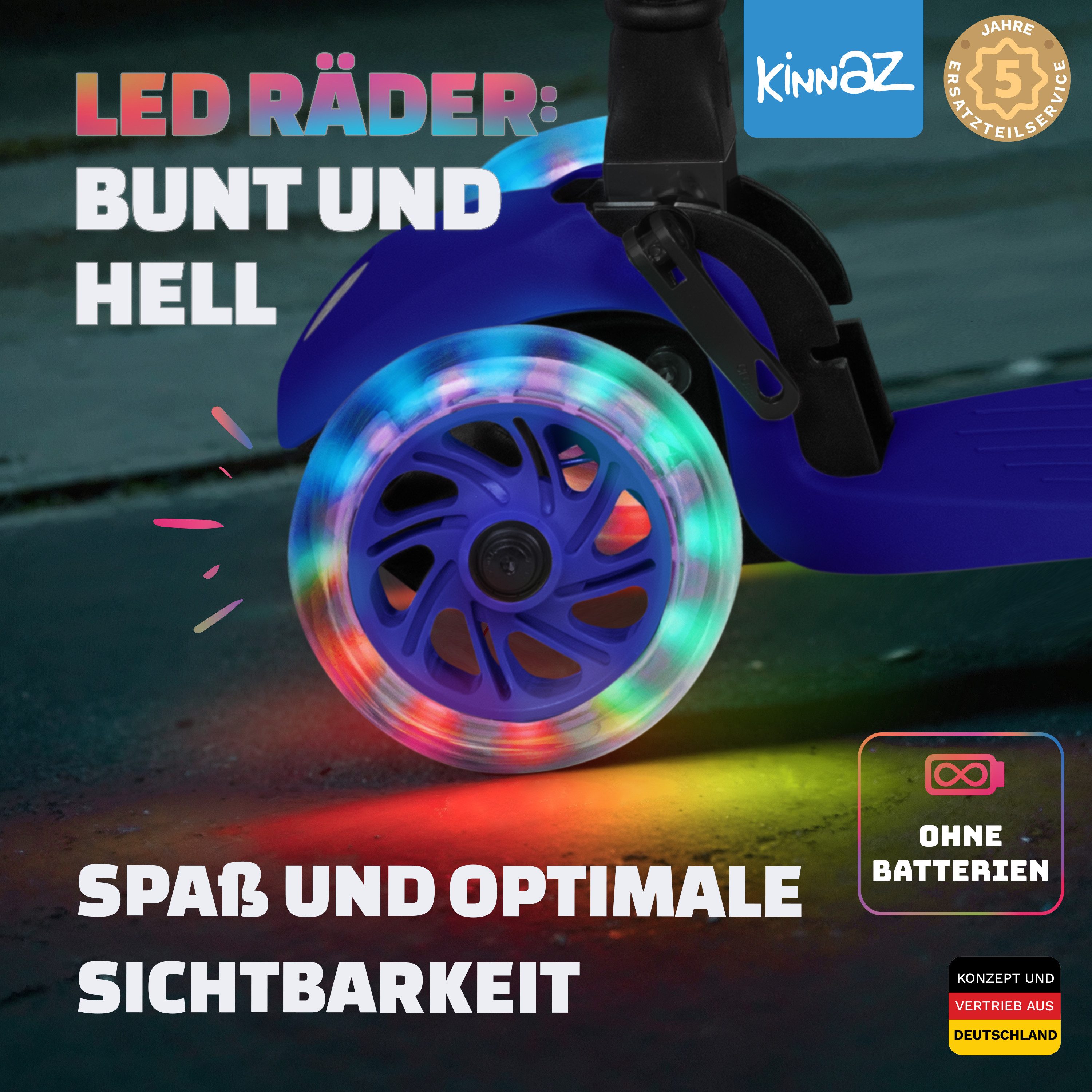 KINNAZ Dreiradscooter ab 2 Jahre LED, faltbar, Höhe flexibel, Kinderoller, Scooter, Roller, (Kinderroller, kinnaz ONE), Händler aus Hamburg – Bild 3 von 5