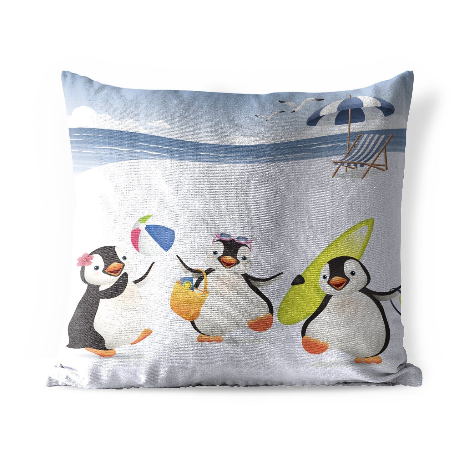 MuchoWow Dekokissen Illustration von drei Pinguinen, die am Strand spielen, Kissenbezüge, Kissenhülle, Dekokissen, Dekokissenbezug, Outdoor