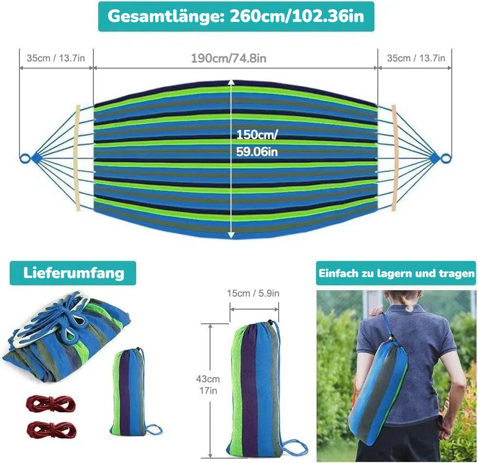 BlingBin Hängematte Outdoor Hängematte mit Gebogener Holzstange, Camping Stabhängematte (1er Set, 1 St., Höchstgewichtempfehlung: 500 Pfund), Doppelhängematte mit Tragetasch für Indoor, Balkon, Terrasse, Garten