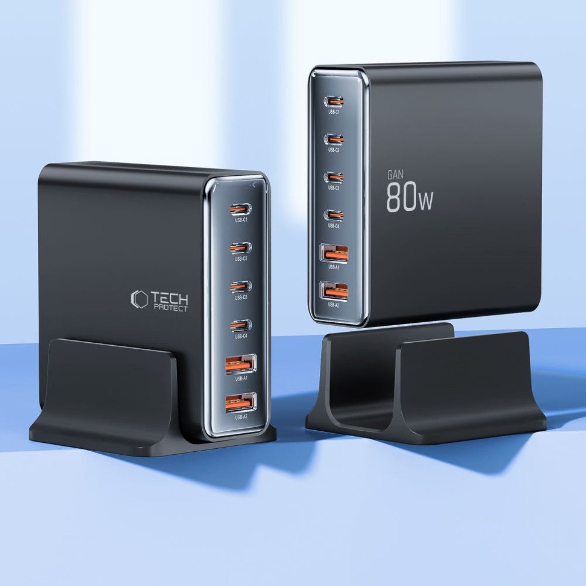 TECH PROTECT Ladestation (3000 mA, Ladestation mit Kabel und Ständer, 6-Port GaN Ladestation mit Digitalanzeige)