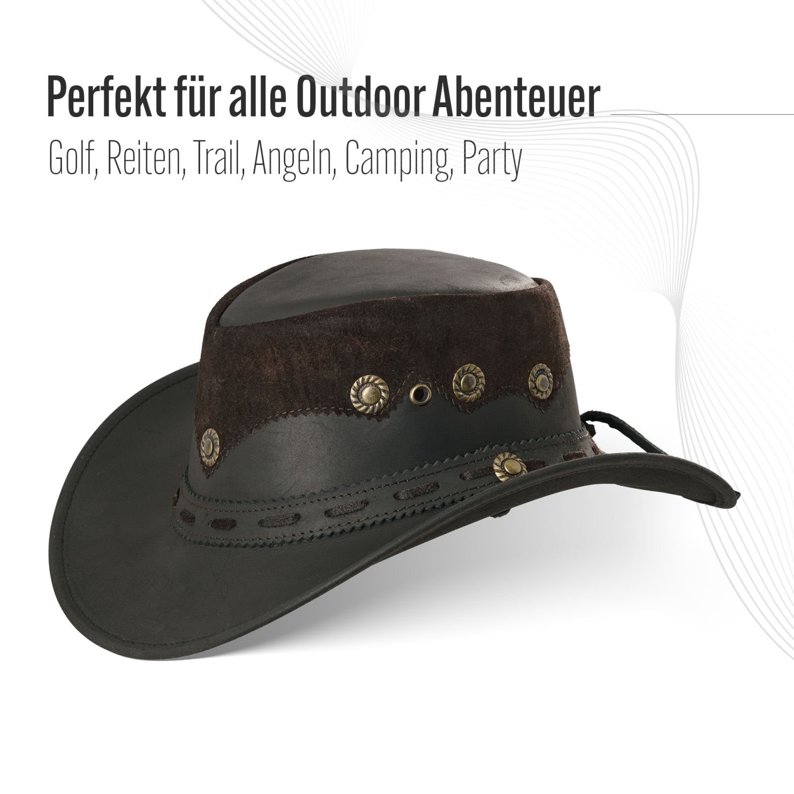 BLACK FOREST FOX Cowboyhut Country Luxus Western Cowboy Hut Reiten Leder Sonnenhut in 2 Farben Deep Brown Größe L