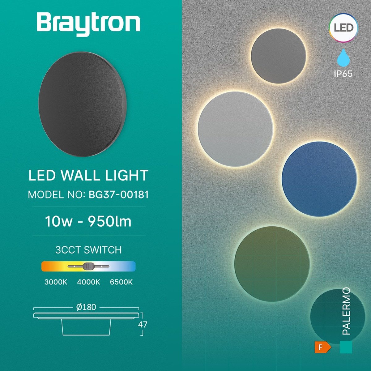 Braytron LED Wandleuchte 10W Designer Deckenleuchte rund indirekte Beleuchtung IP65 18cm, LED fest integriert, Neutralweiß, Kaltweiß, Warmweiß, Energieeffizient, Flimmerfrei, Langlebig, Spritzwassergeschützt, 3CCT