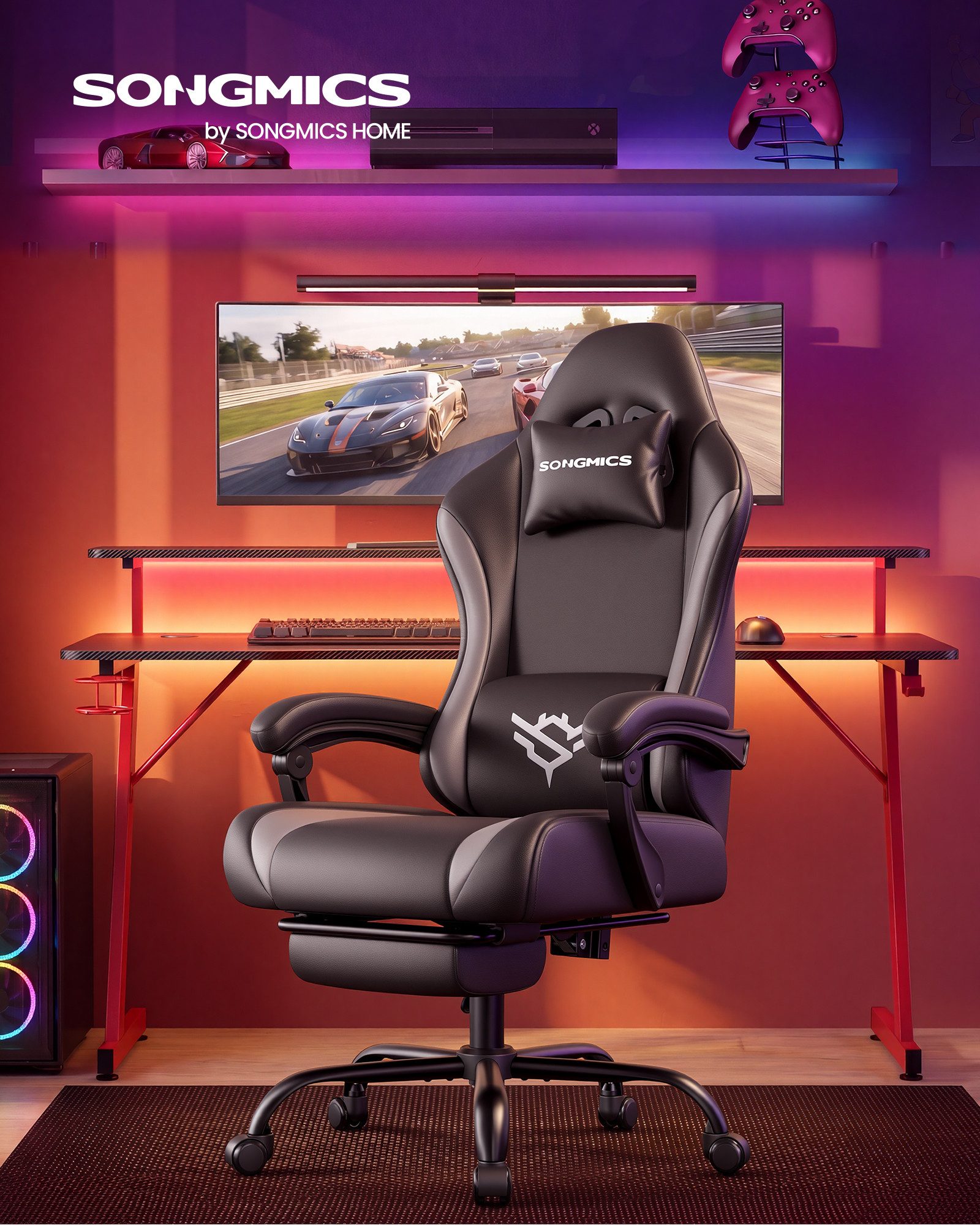SONGMICS Drehstuhl Gaming Stuhl, ergonomischer Bürostuhl, mit Fußstütze und Lendenkissen, 135° Neigung, aus PU-Leder, 70 x 70 x 120-130 cm