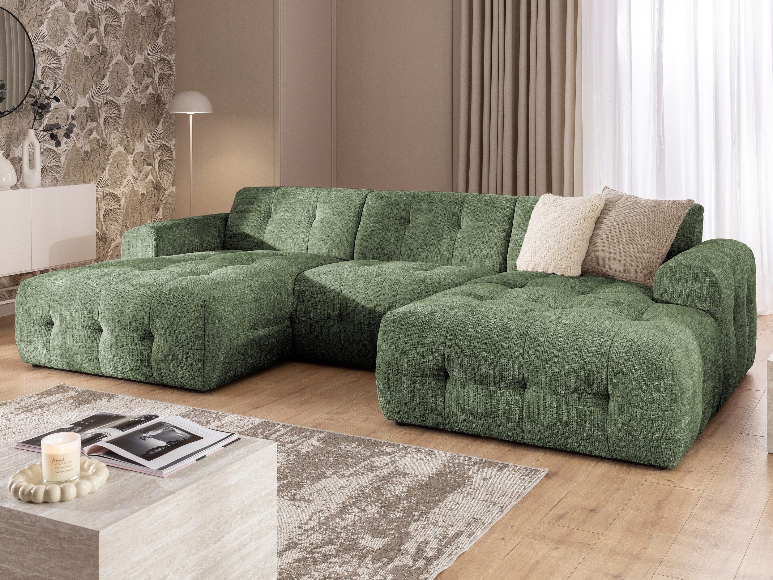 S-Style Möbel Wohnlandschaft Kozy im Bumpy-Design mit fester Rückenlehne aus weichem Chenille-Stoff, mit Wellenfederung