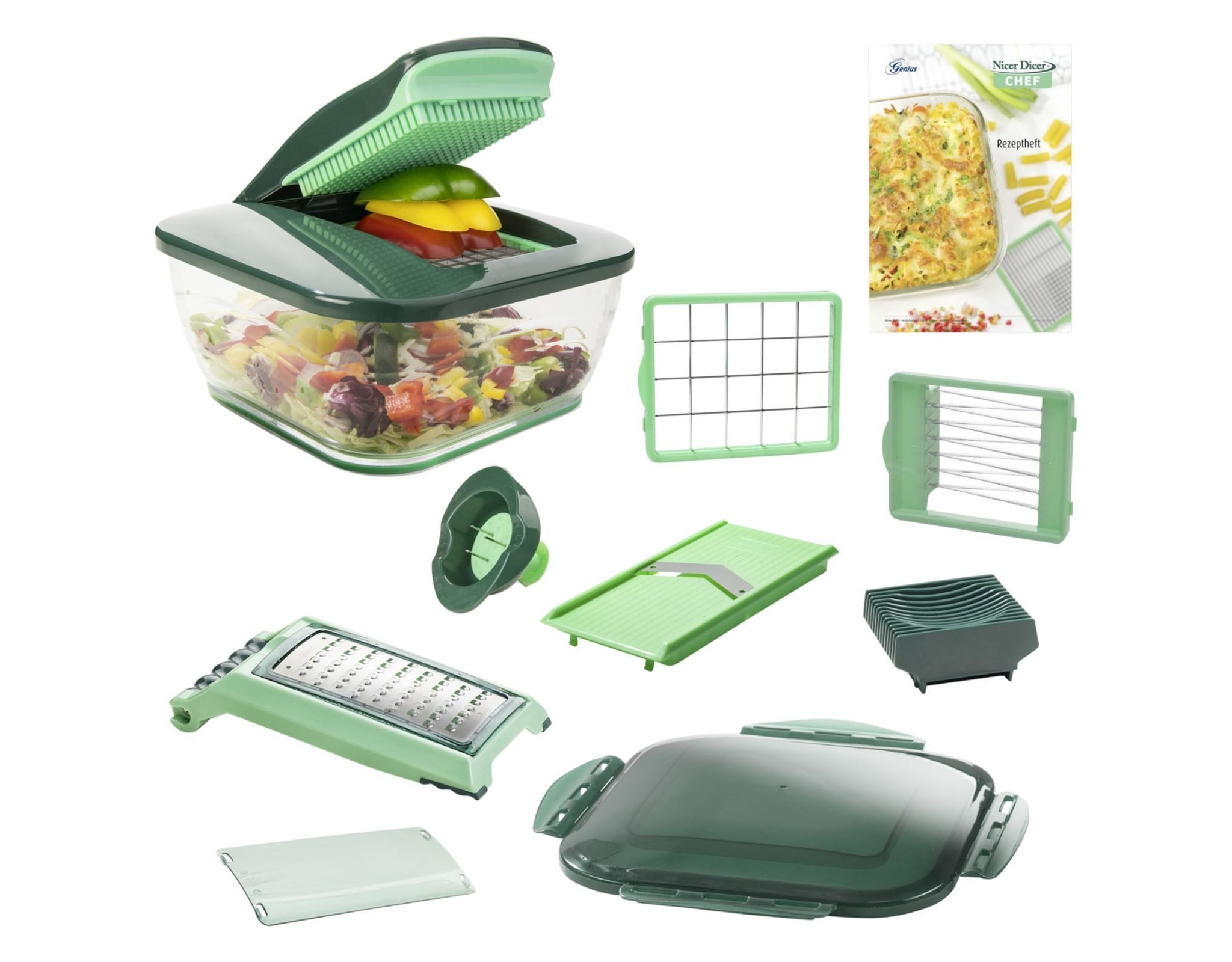 Genius Gemüseschneider Nicer Dicer Chef 13-teilig Gemüseschneider XXL Auffangbehälter Set, 0 W, mit 5,2L Behälter & G-NOX Klingen