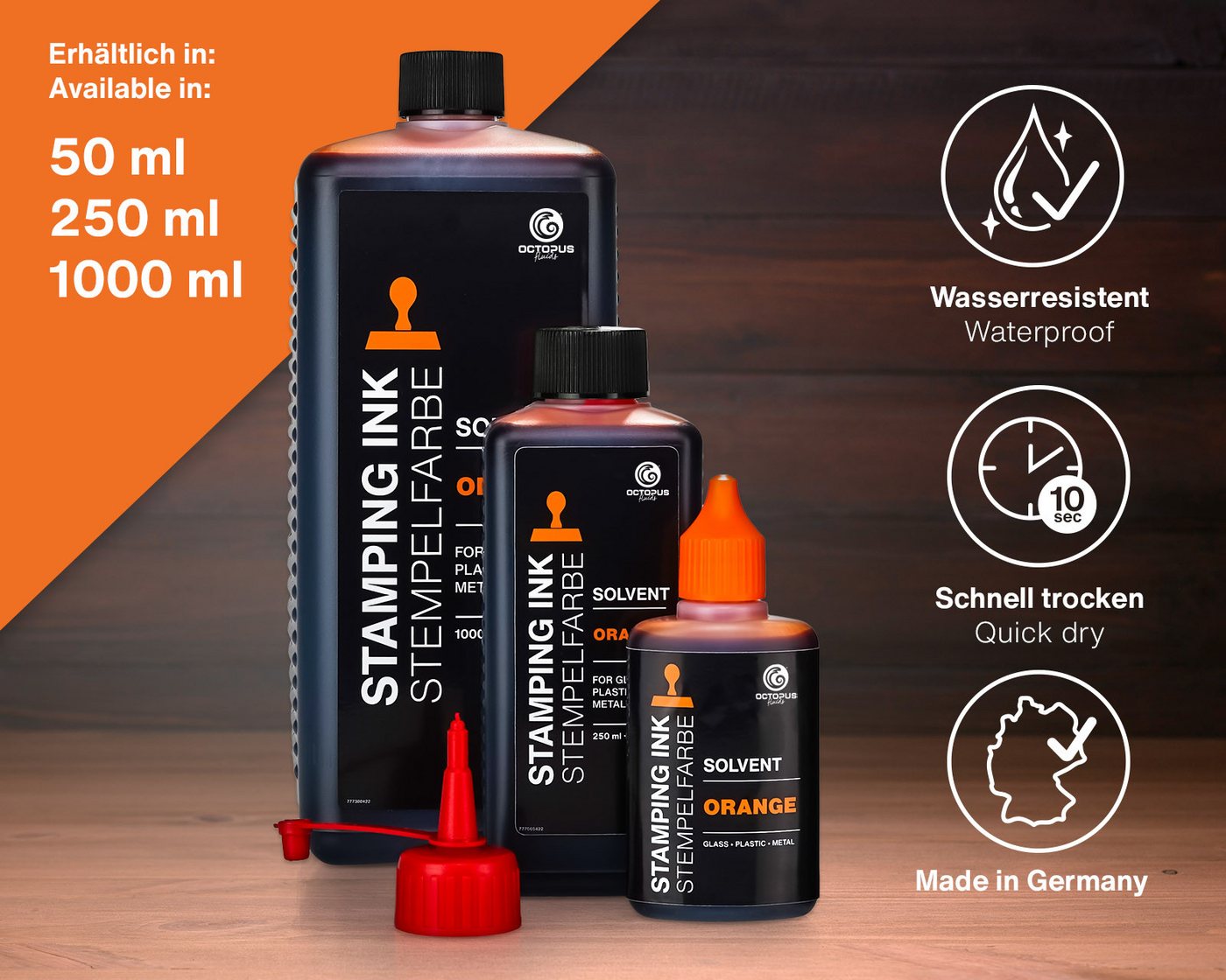 Thumbnail - OCTOPUS Fluids Lenizett Solvent Stempelfarbe für glatte Untergründe, orange 50ml Stempelkissen (1-tlg., wasserfest)