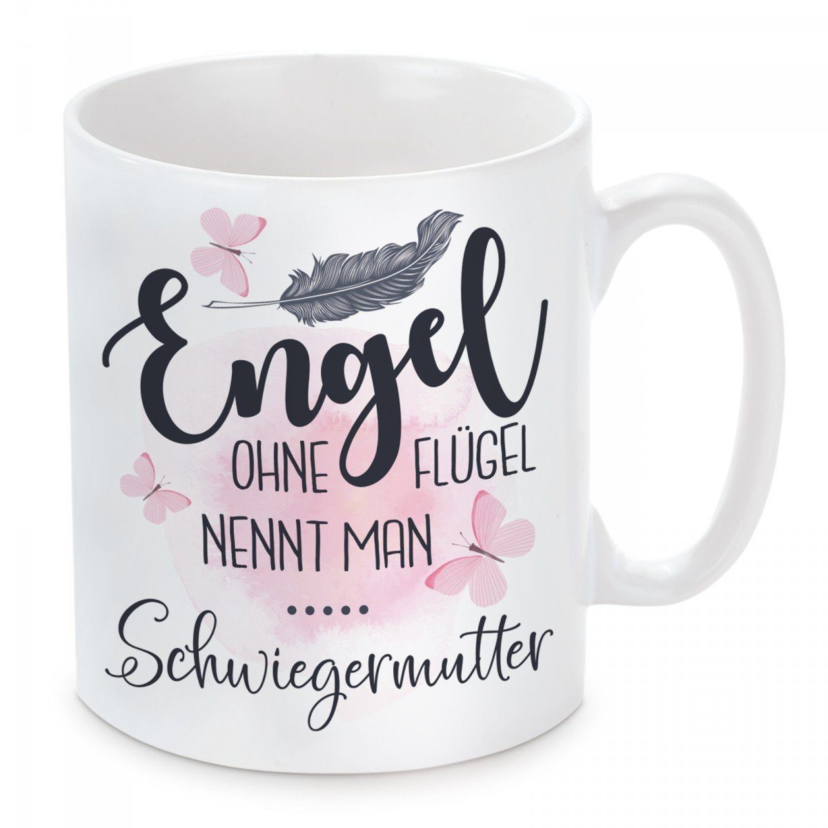 Herzbotschaft Tasse Kaffeebecher mit Motiv Engel ohne Flügel nennt man Schwiegermutter, Keramik, Kaffeetasse spülmaschinenfest und mikrowellengeeignet
