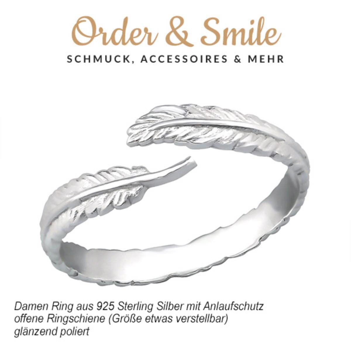 Order & Smile Schmuck Silberring Offener Ring Feder Silber 925