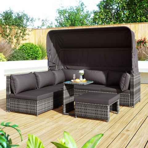 Merax Gartenlounge-Set Polyrattan mit aufklappbarem Sonnendach inkl. Kissen für 5 Personen, Gartenmöbel Set mit 3-Sitzer Sofa umbaubar