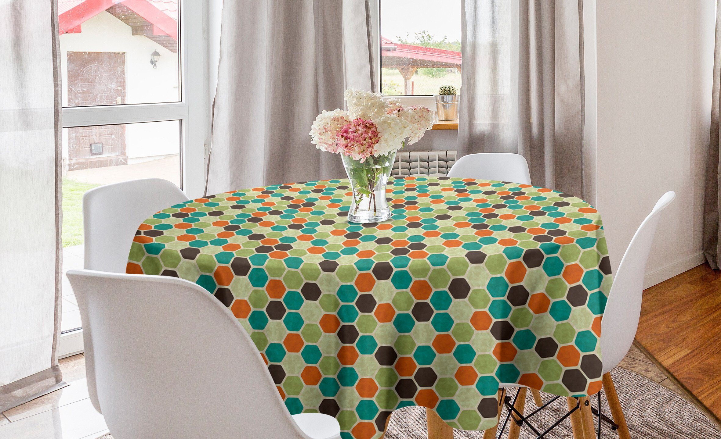 Kreis Abdeckung Dekoration, Hexagons Abakuhaus Grunge für Küche Retro Bunt Tischdecke Esszimmer Tischdecke