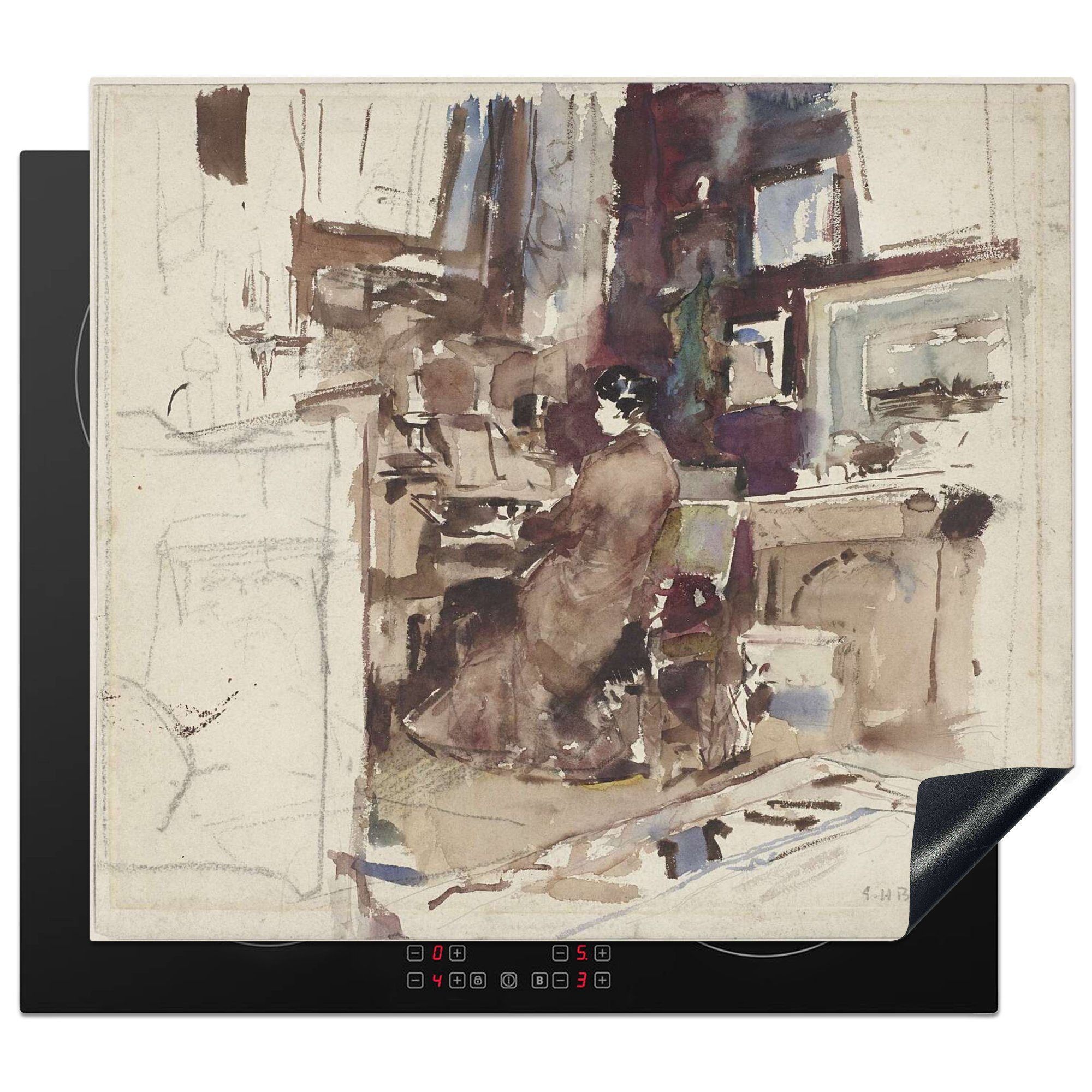 MuchoWow Herdblende-/Abdeckplatte Dame im Atelier hinter dem Harmonium - Gemälde von George Hendrik, Vinyl, (1 tlg), 60x52 cm, Mobile Arbeitsfläche nutzbar, Ceranfeldabdeckung