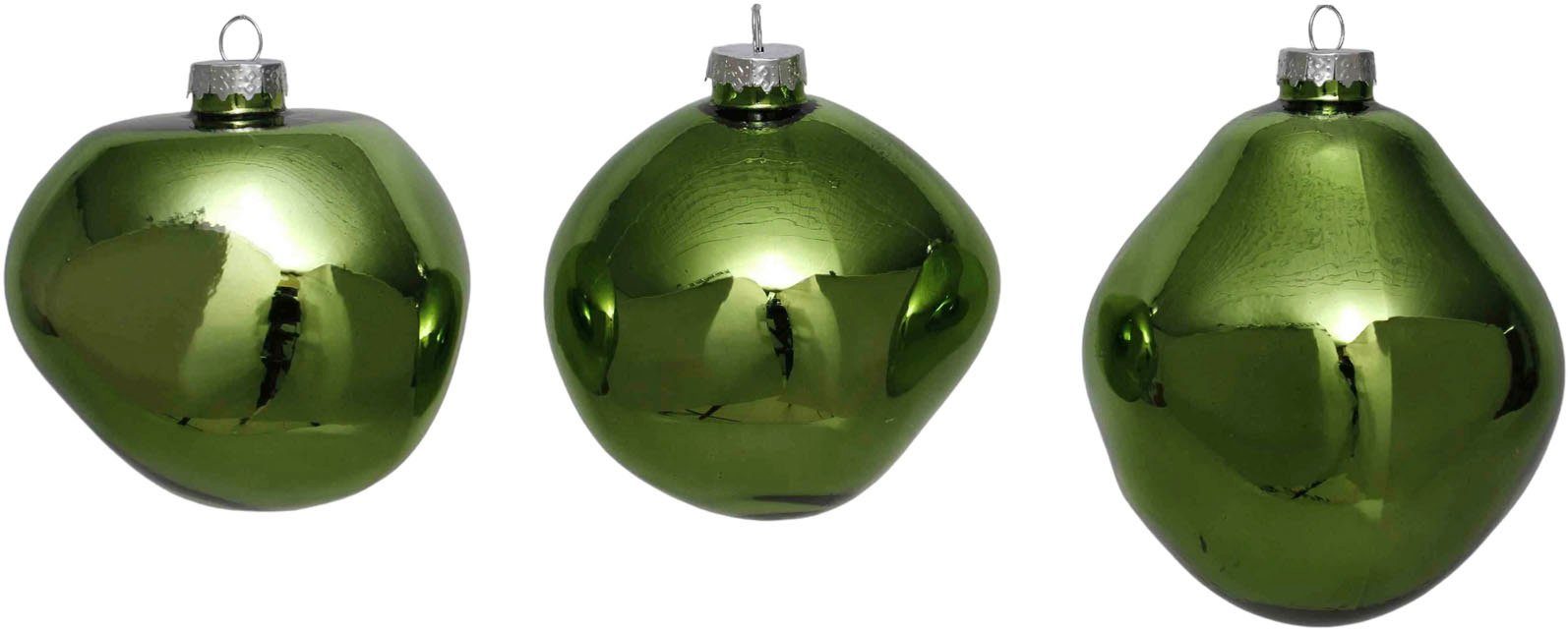 Leonique Weihnachtsbaumkugel Birdelle glänzend, Weihnachtsdeko, Christbaumschmuck, Christbaumkugeln (3 St), Baumkugeln in organischer Form, Ø 10 cm, organische Kugeln aus Glas grün
