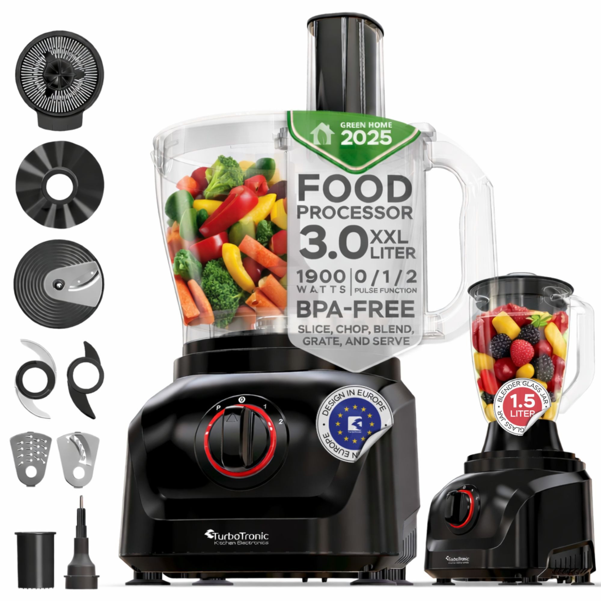 TurboTronic by Z-Line Küchenmaschine Food Processor mit Standmixer 1,5L Glaskaraffe Multizerkleinerer Mixer, 1900 W, 3 l Schüssel, Raspelscheiben Zitruspresse Zerkleinerer Eiscrusher Power
