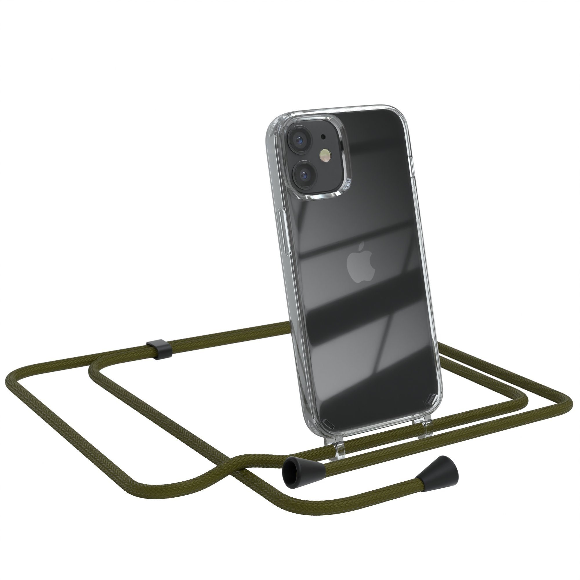 EAZY CASE Handykette Kette Clips Schwarz für Apple iPhone 12 Mini 5,4 Zoll, Handykette mit Band Cross Bag für Mann und Frau Festivalbag Olive Grün