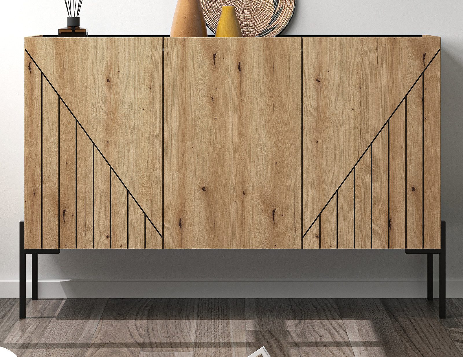 Inn.Furn Kommode Norick (Sideboard in Evoke Eiche mit schwarzen Fräsungen, 3-türig, 150 x 81 cm), mit Soft-Close-Funktion